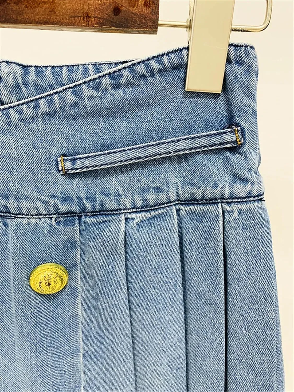 Women's Buttons Pleated Mini Denim Skirt Fashion Solid Slim Stretch Low Waisted Jean Skirt