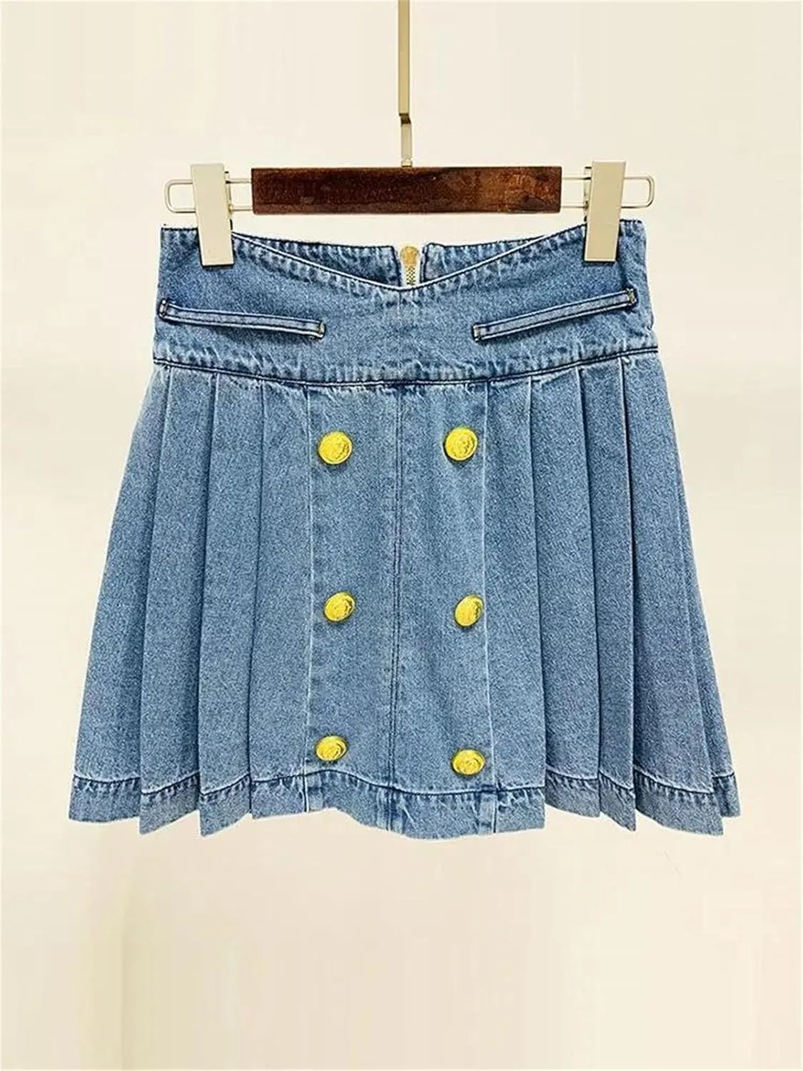 Women's Buttons Pleated Mini Denim Skirt Fashion Solid Slim Stretch Low Waisted Jean Skirt