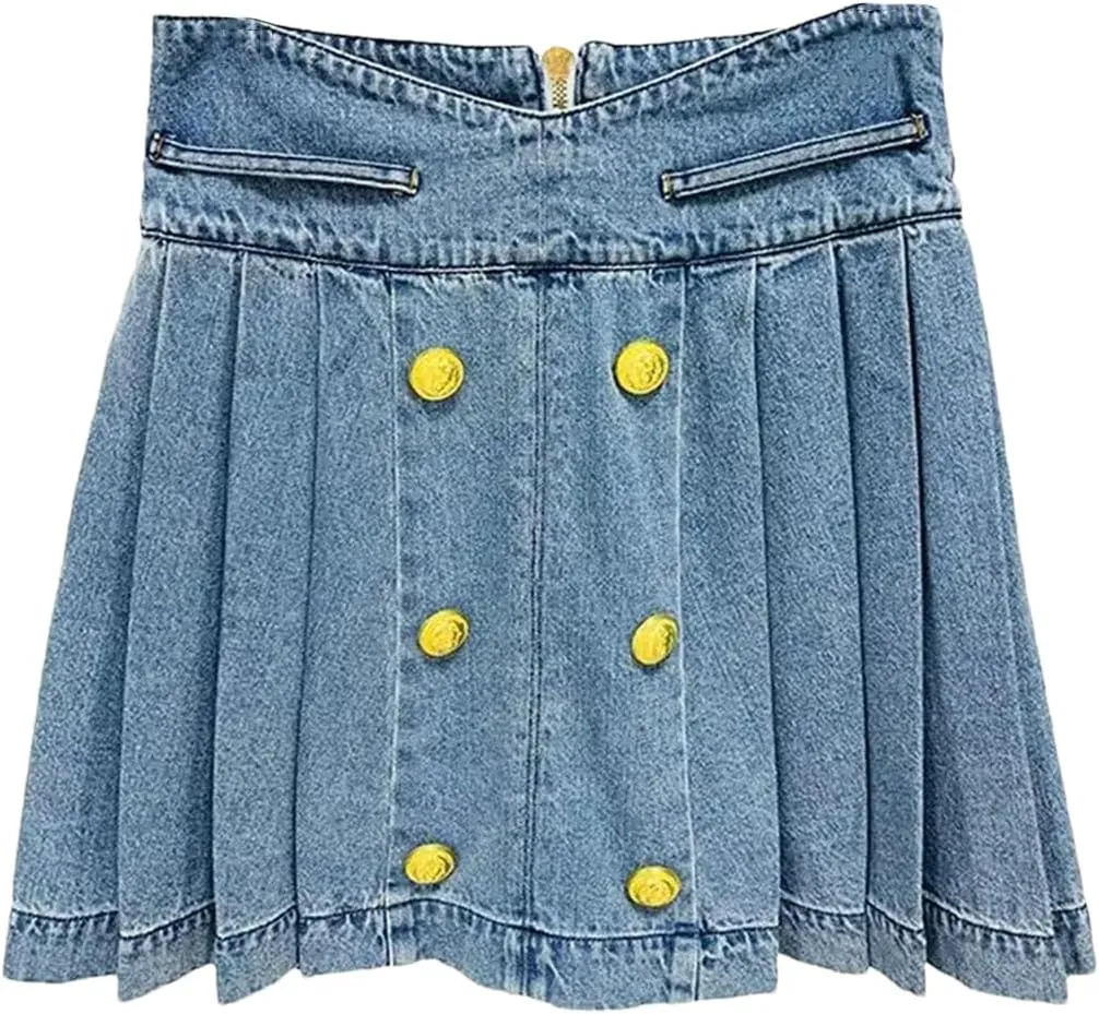 Women's Buttons Pleated Mini Denim Skirt Fashion Solid Slim Stretch Low Waisted Jean Skirt