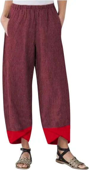 Womens Capri Pants for Summer Petite Length Linen Capris Cropped Pants Plus Size Drawstring Elastic High Waist Joggers
