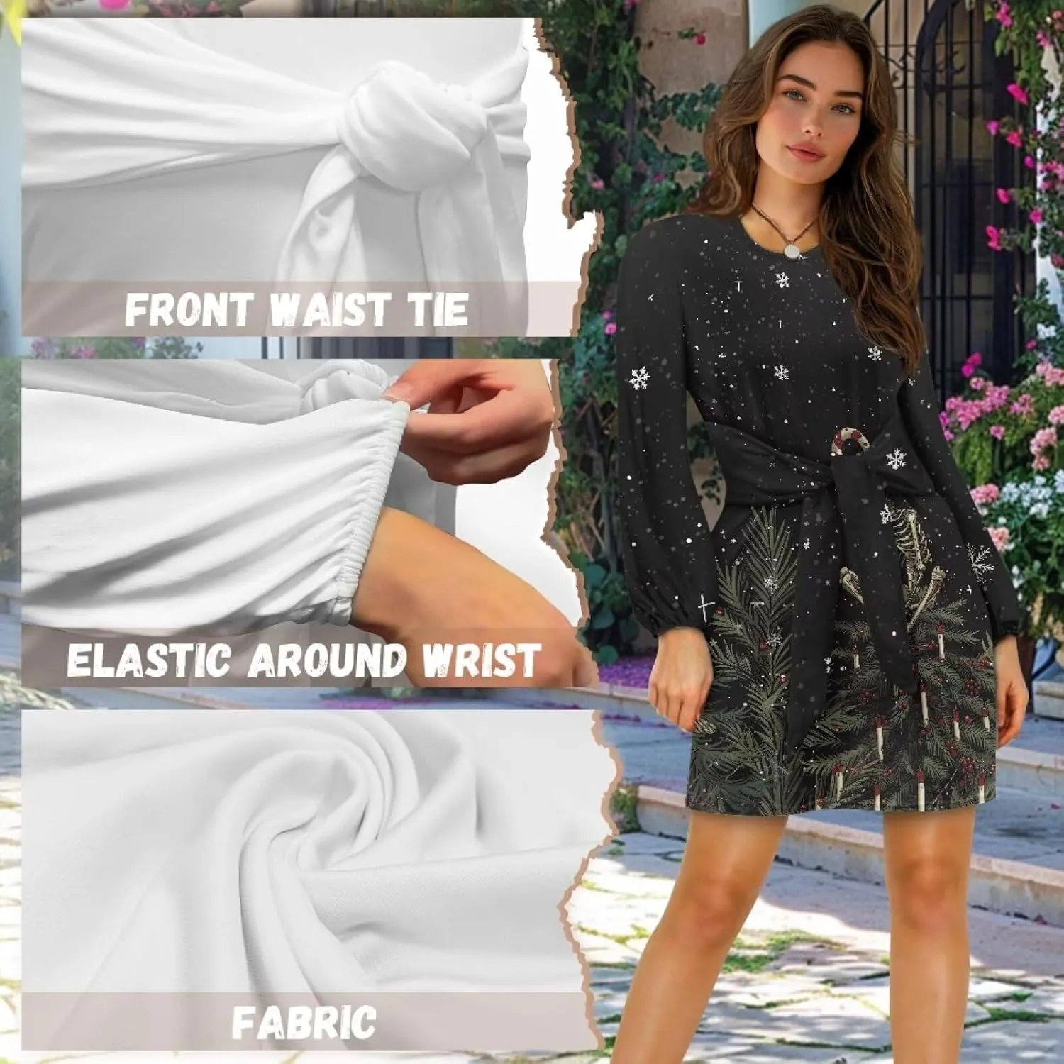 Womens Casual Dress Crewneck Long Sleeve A Line Mini Dresses Tie Waist Flowy Outfits Sexy Stylish Sundress