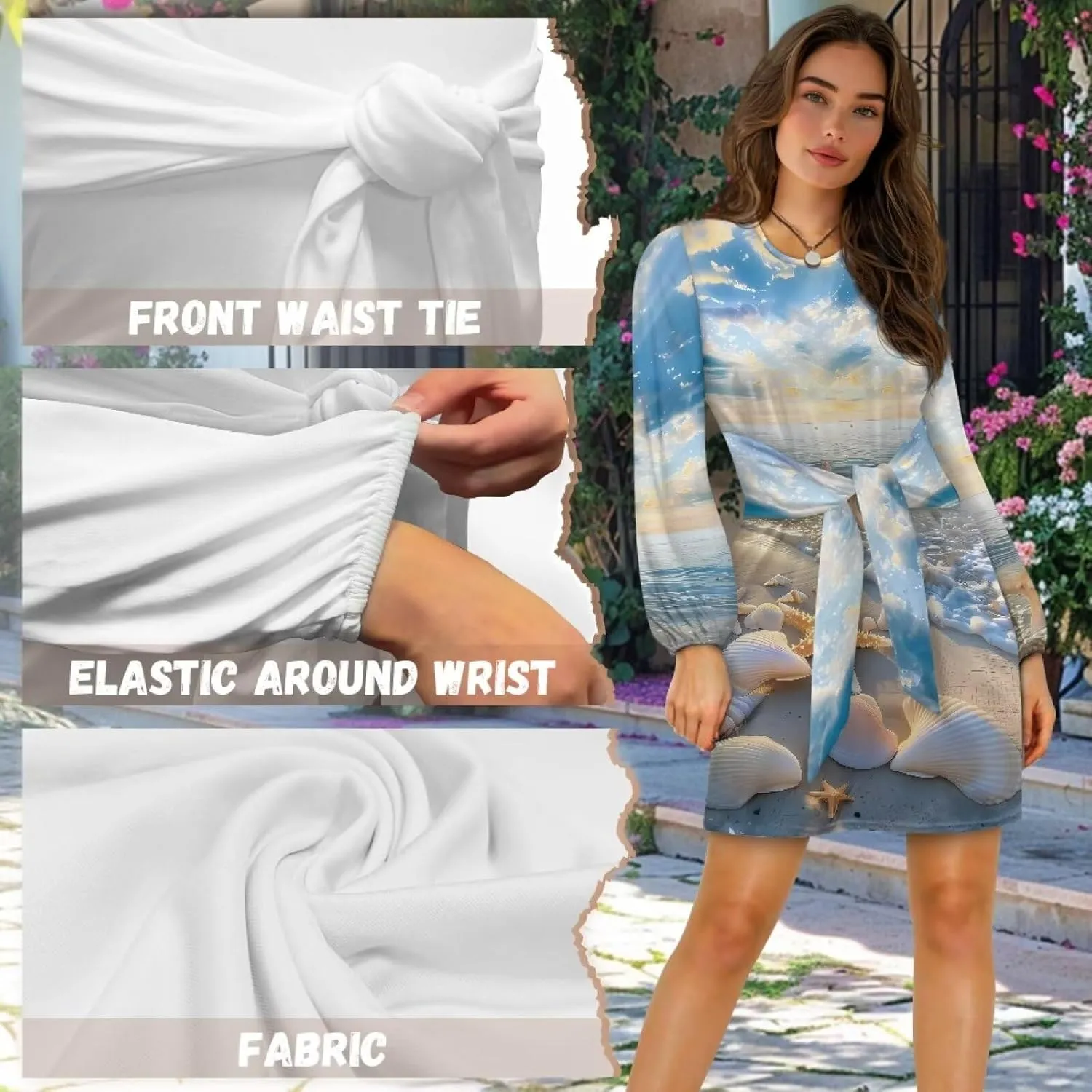 Womens Casual Dress Crewneck Long Sleeve A Line Mini Dresses Tie Waist Flowy Outfits Sexy Stylish Sundress