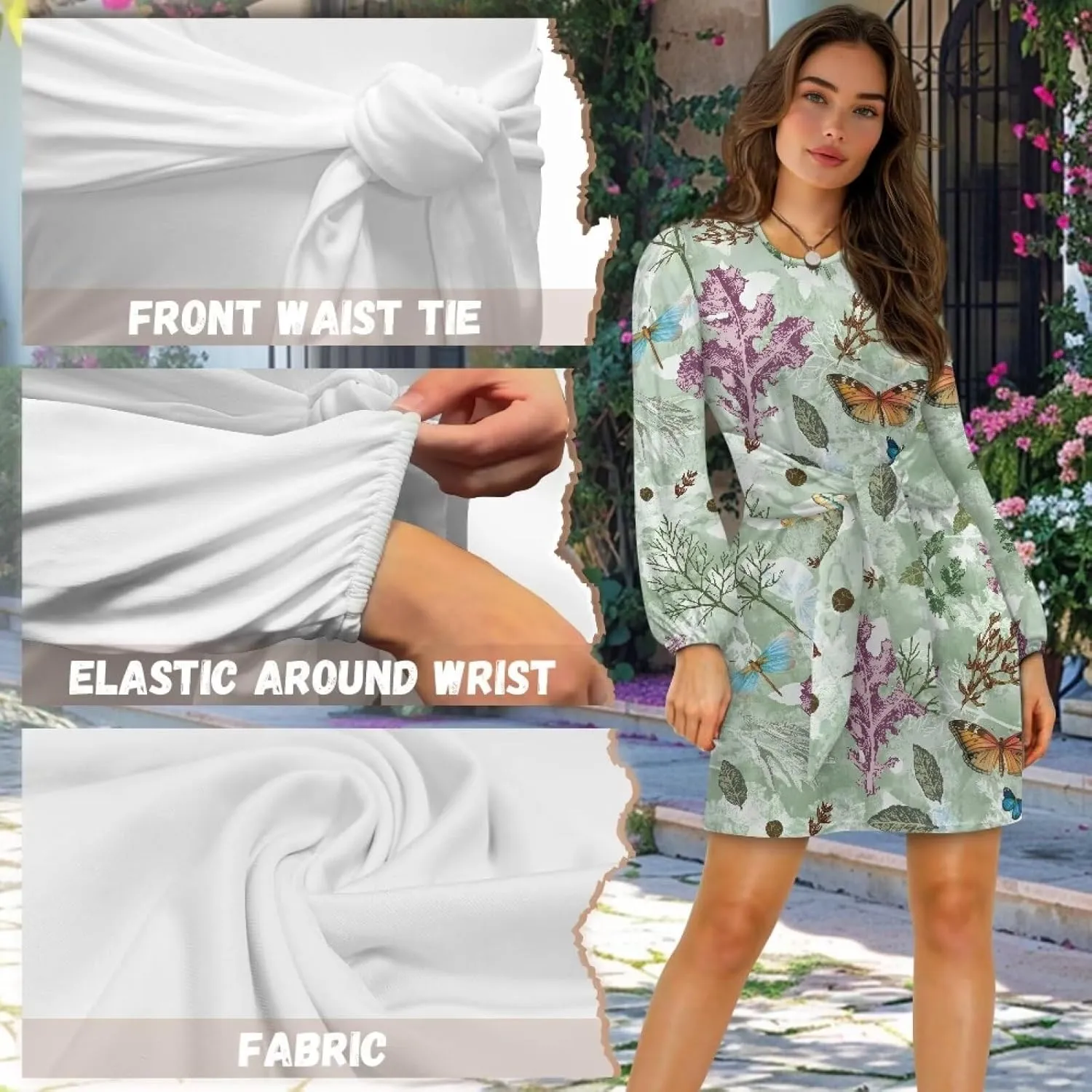 Womens Casual Dress Crewneck Long Sleeve A Line Mini Dresses Tie Waist Flowy Outfits Sexy Stylish Sundress