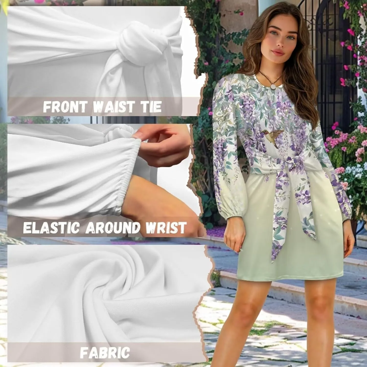 Womens Casual Dress Crewneck Long Sleeve A Line Mini Dresses Tie Waist Flowy Outfits Sexy Stylish Sundress