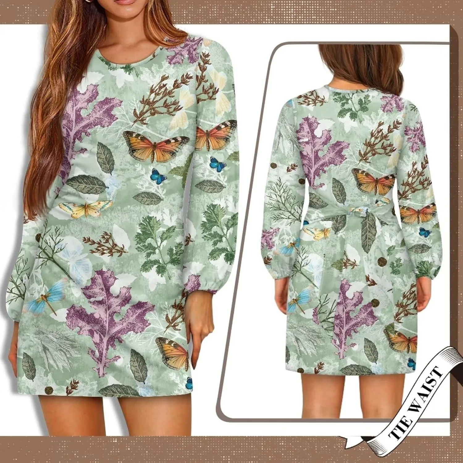 Womens Casual Dress Crewneck Long Sleeve A Line Mini Dresses Tie Waist Flowy Outfits Sexy Stylish Sundress
