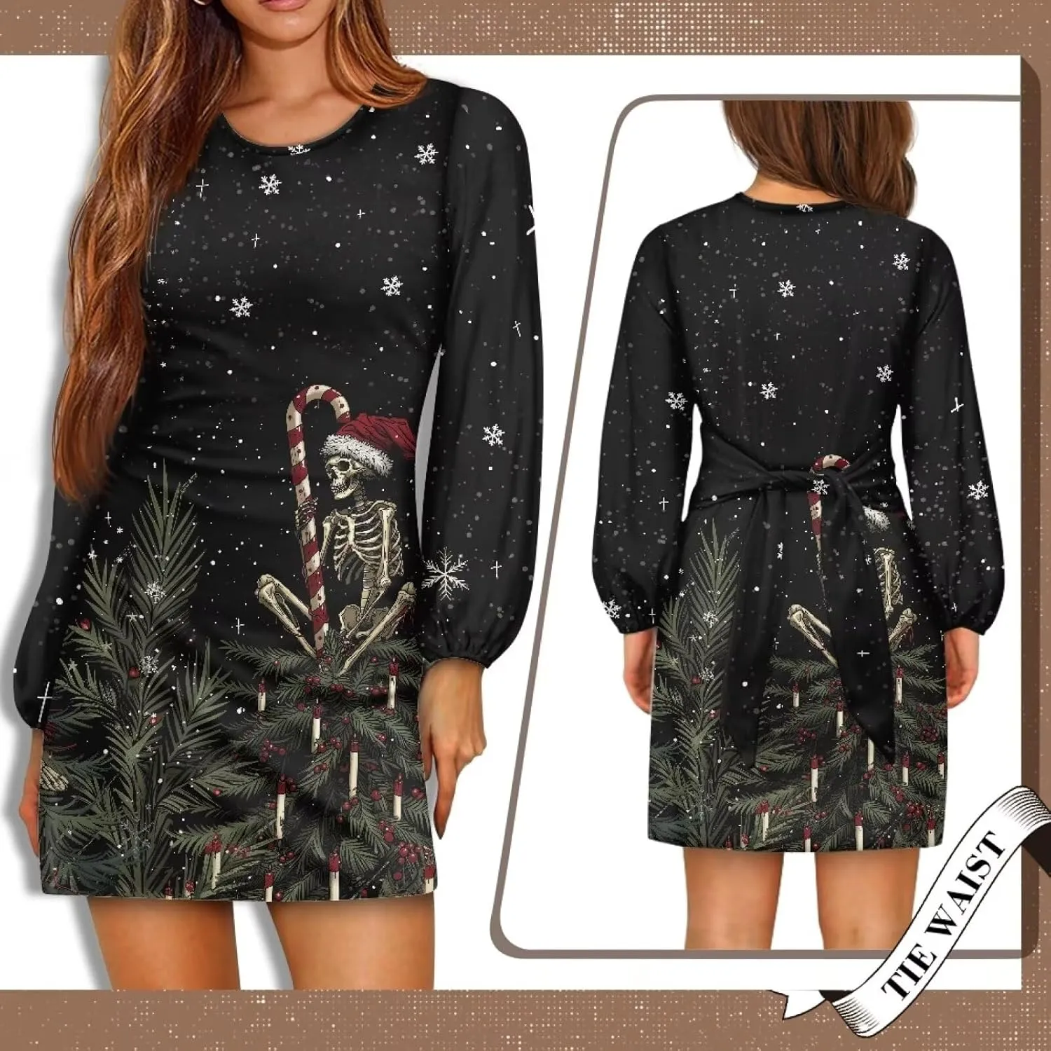 Womens Casual Dress Crewneck Long Sleeve A Line Mini Dresses Tie Waist Flowy Outfits Sexy Stylish Sundress