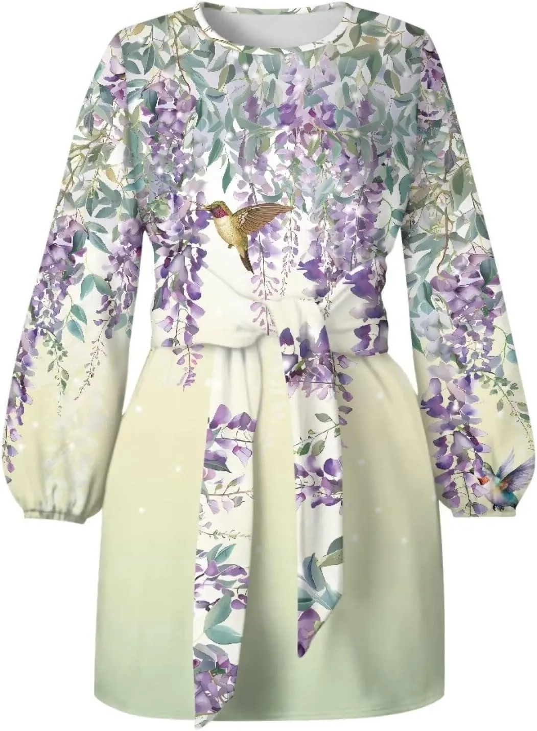 Womens Casual Dress Crewneck Long Sleeve A Line Mini Dresses Tie Waist Flowy Outfits Sexy Stylish Sundress
