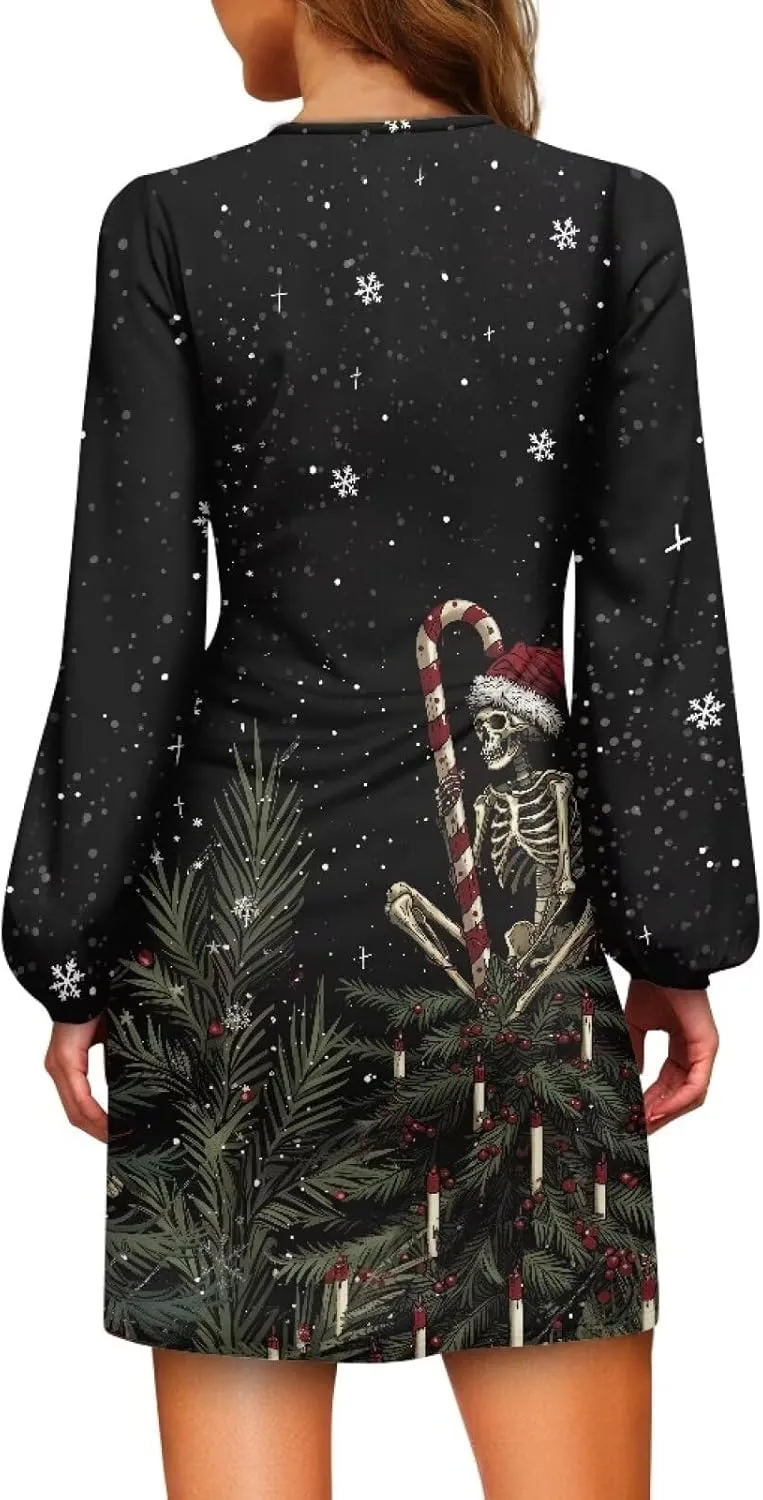 Womens Casual Dress Crewneck Long Sleeve A Line Mini Dresses Tie Waist Flowy Outfits Sexy Stylish Sundress