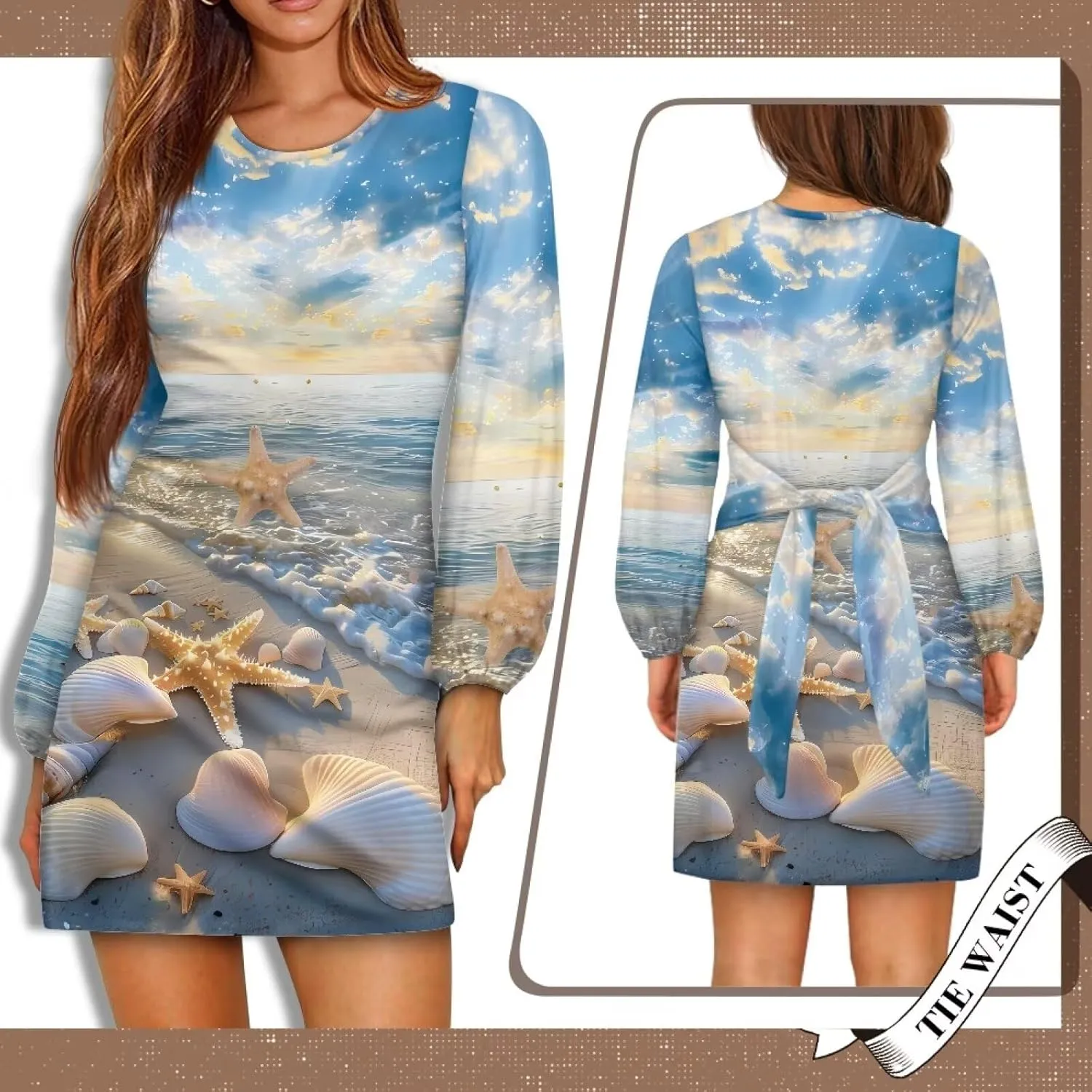 Womens Casual Dress Crewneck Long Sleeve A Line Mini Dresses Tie Waist Flowy Outfits Sexy Stylish Sundress