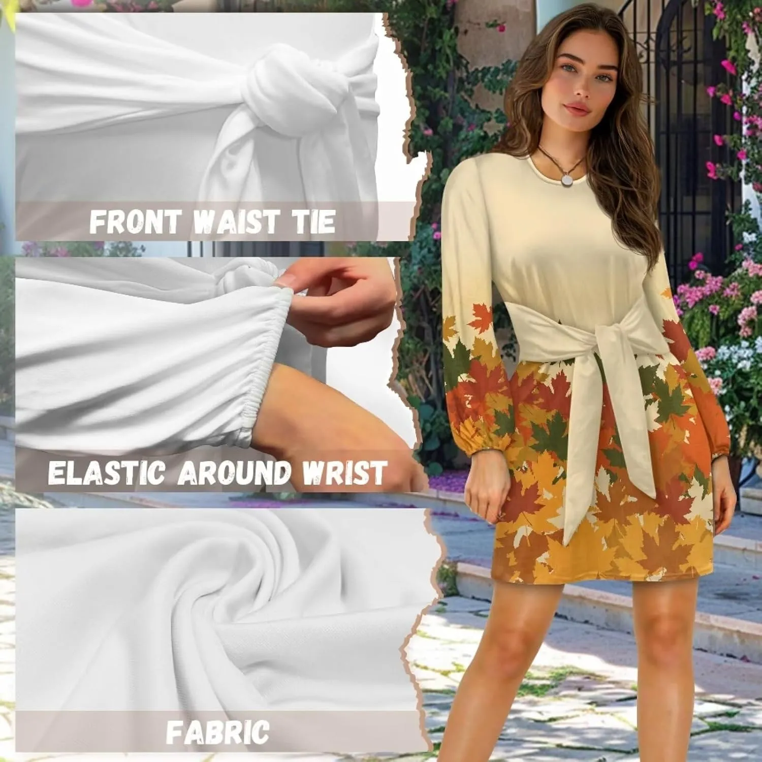 Womens Casual Dress Crewneck Long Sleeve A Line Mini Dresses Tie Waist Flowy Ruched Outfits Sexy Stylish Shirts