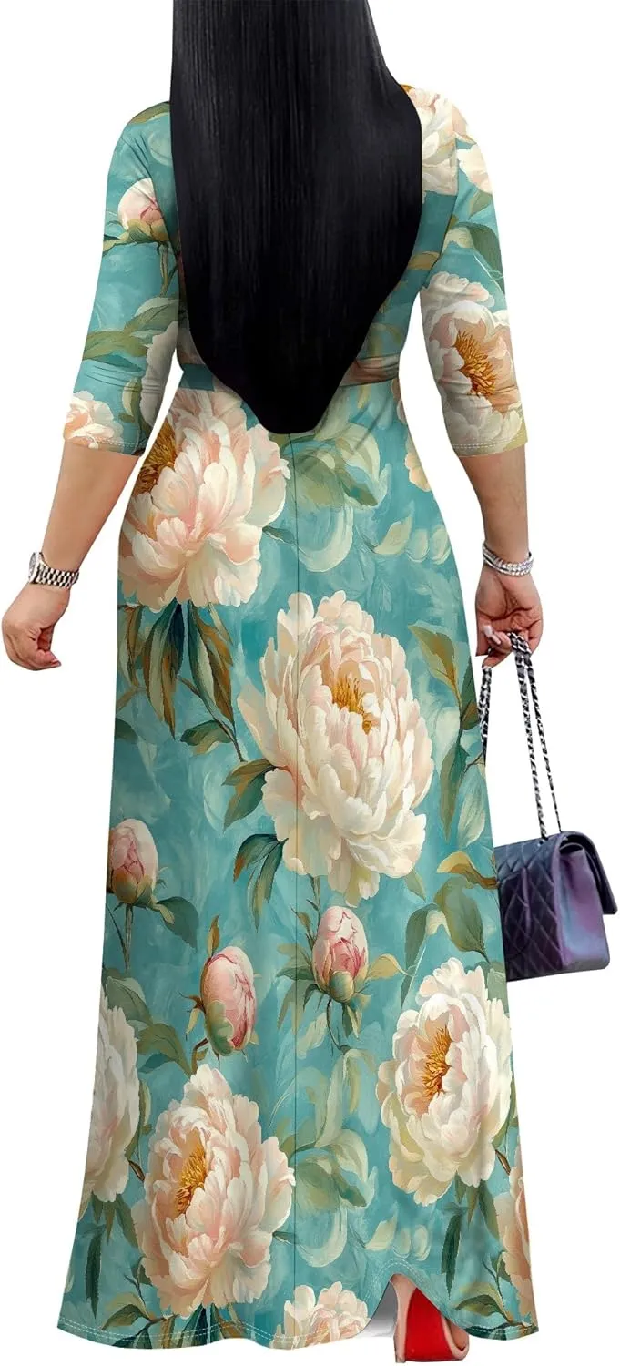 Women's Casual Floral Maxi Dresses V Neck 3/4 Sleeve Tie Waist Dress Summer Dresses for Women 2025