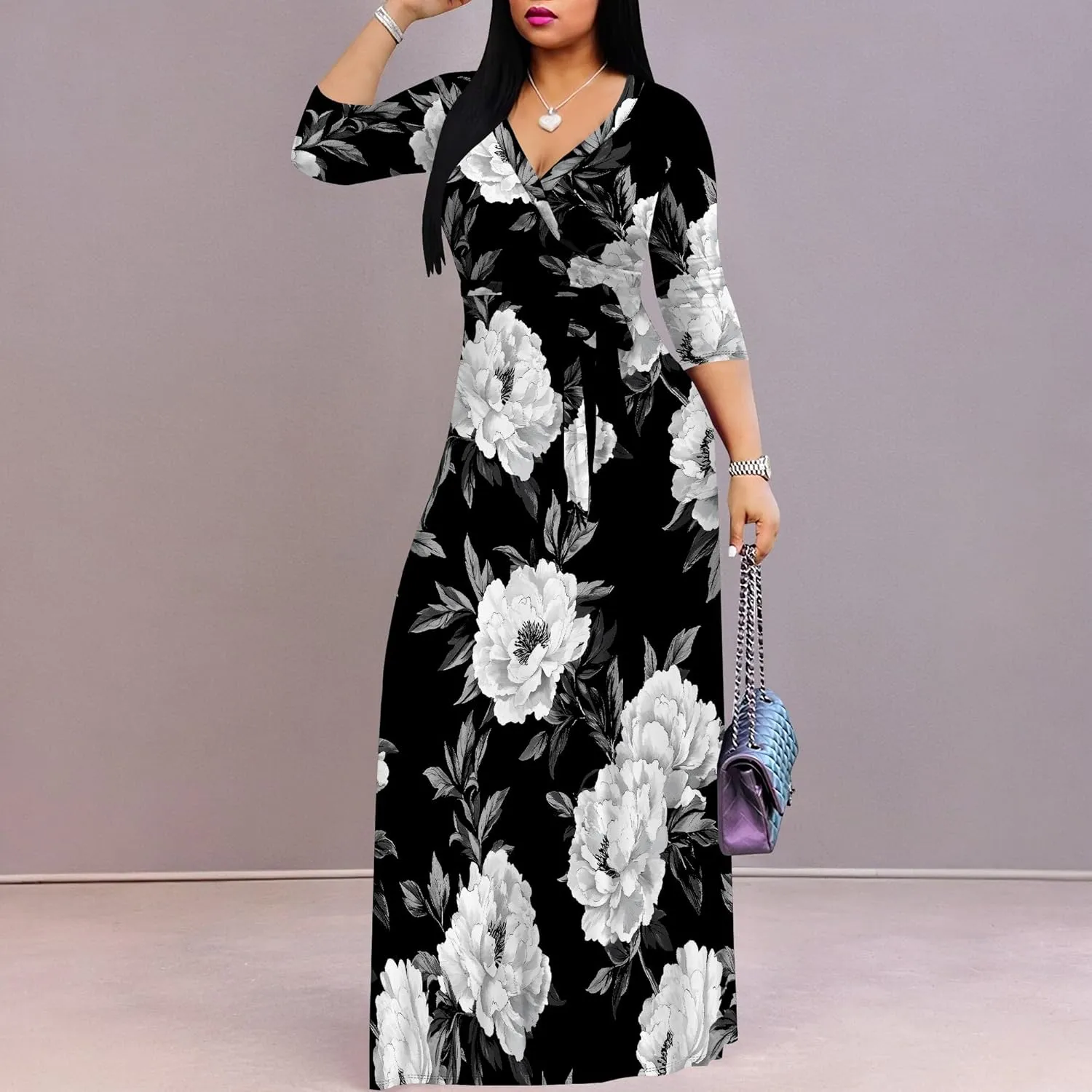 Women's Casual Floral Maxi Dresses V Neck 3/4 Sleeve Tie Waist Dress Summer Dresses for Women 2025