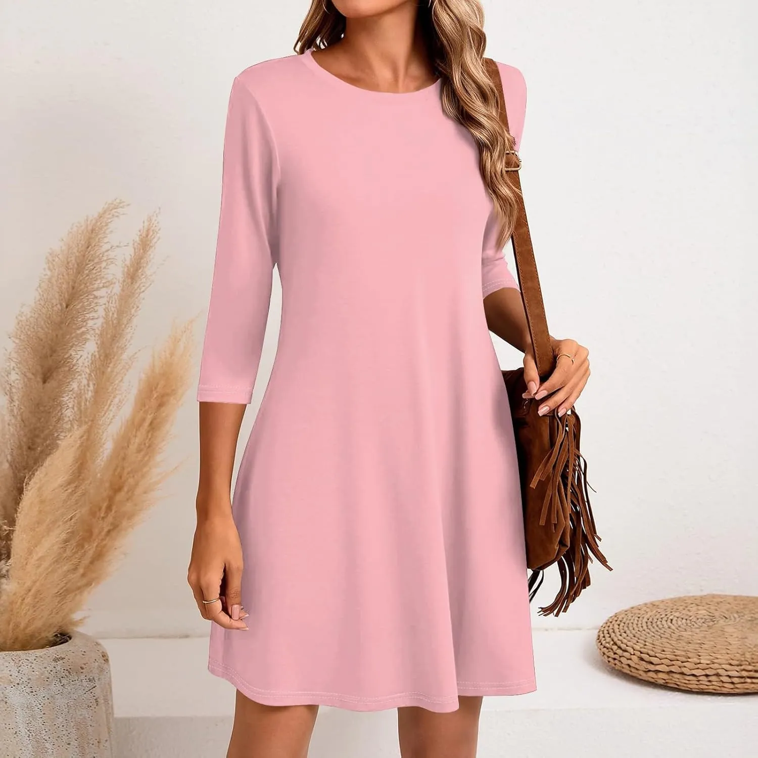 Womens Casual Long Sleeve T Shirt Dresses Trendy Plus Size 3/4 Sleeve Mini Dress Elegant Formal Flowy Short Dress