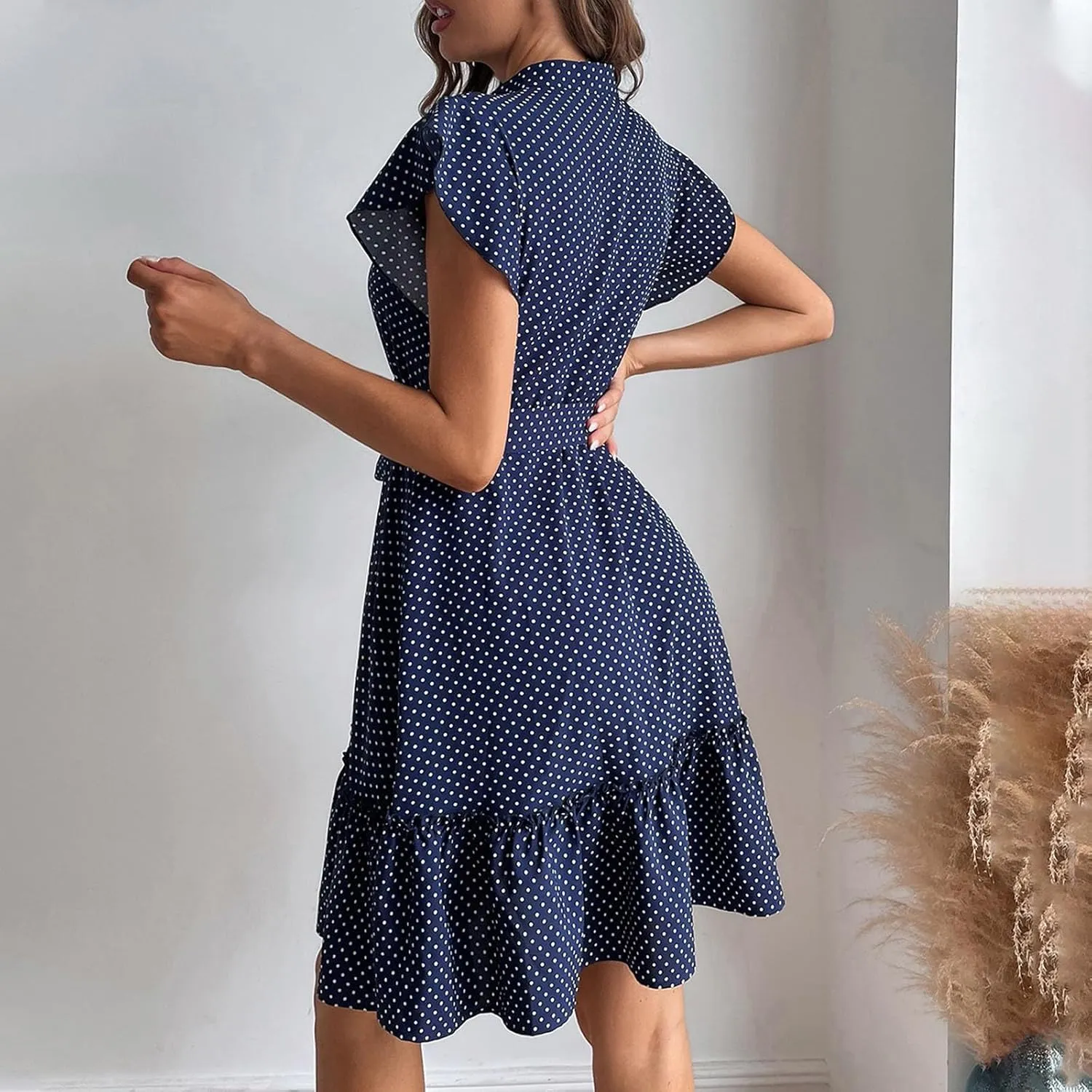 Womens Casual Waist Lace-up Summer Dresses Flowy Ruffle Short Sleeve Pleated Mini Dress Comfy Beach Boho Sundress