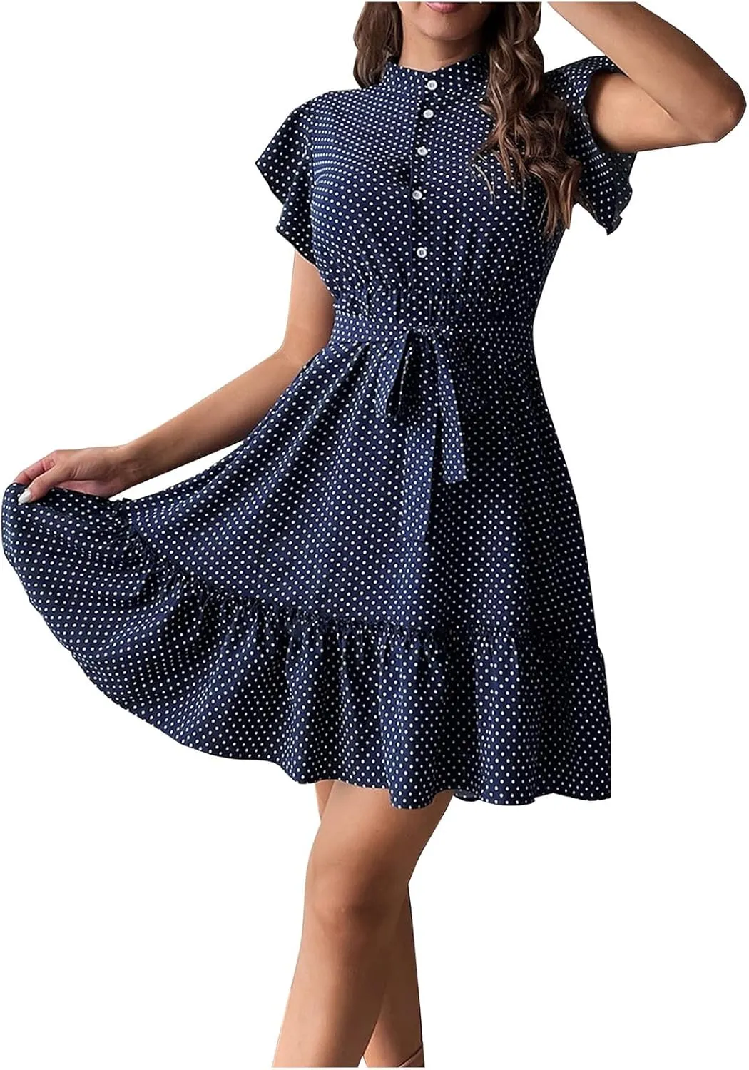 Womens Casual Waist Lace-up Summer Dresses Flowy Ruffle Short Sleeve Pleated Mini Dress Comfy Beach Boho Sundress
