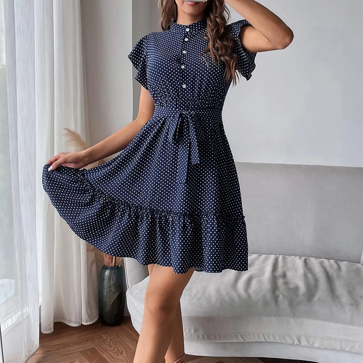 Womens Casual Waist Lace-up Summer Dresses Flowy Ruffle Short Sleeve Pleated Mini Dress Comfy Beach Boho Sundress