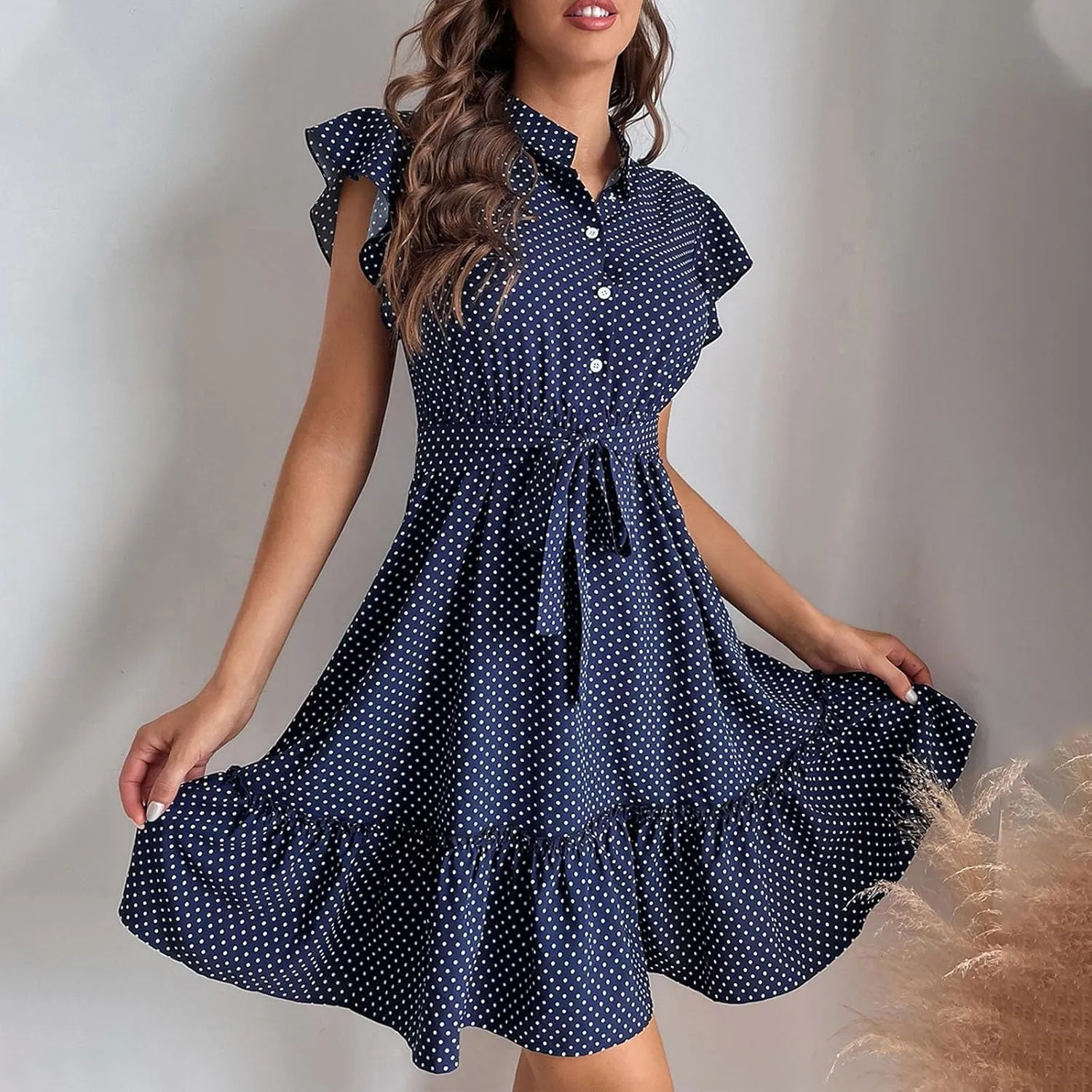 Womens Casual Waist Lace-up Summer Dresses Flowy Ruffle Short Sleeve Pleated Mini Dress Comfy Beach Boho Sundress