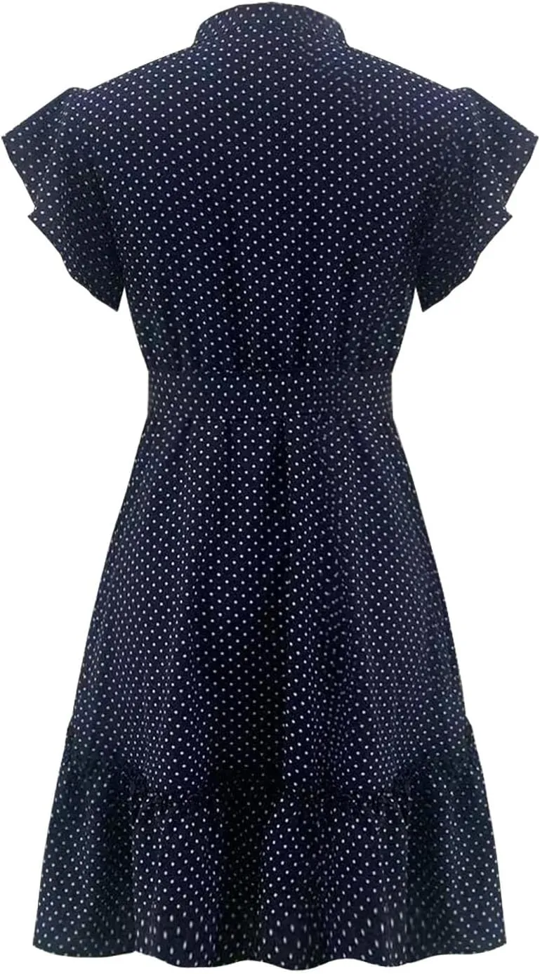 Womens Casual Waist Lace-up Summer Dresses Flowy Ruffle Short Sleeve Pleated Mini Dress Comfy Beach Boho Sundress
