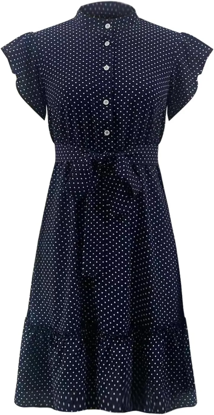 Womens Casual Waist Lace-up Summer Dresses Flowy Ruffle Short Sleeve Pleated Mini Dress Comfy Beach Boho Sundress