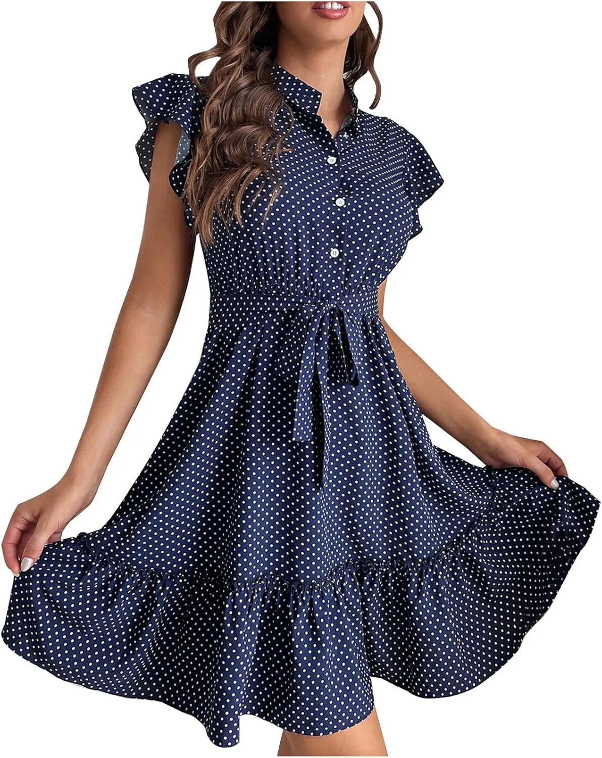 Womens Casual Waist Lace-up Summer Dresses Flowy Ruffle Short Sleeve Pleated Mini Dress Comfy Beach Boho Sundress
