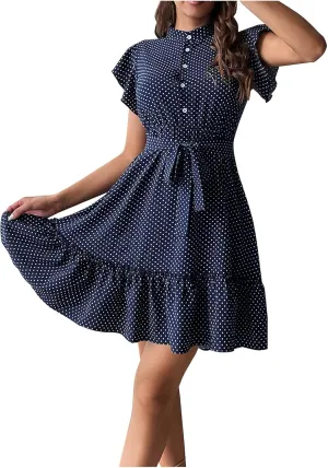 Womens Casual Waist Lace-up Summer Dresses Flowy Ruffle Short Sleeve Pleated Mini Dress Comfy Beach Boho Sundress
