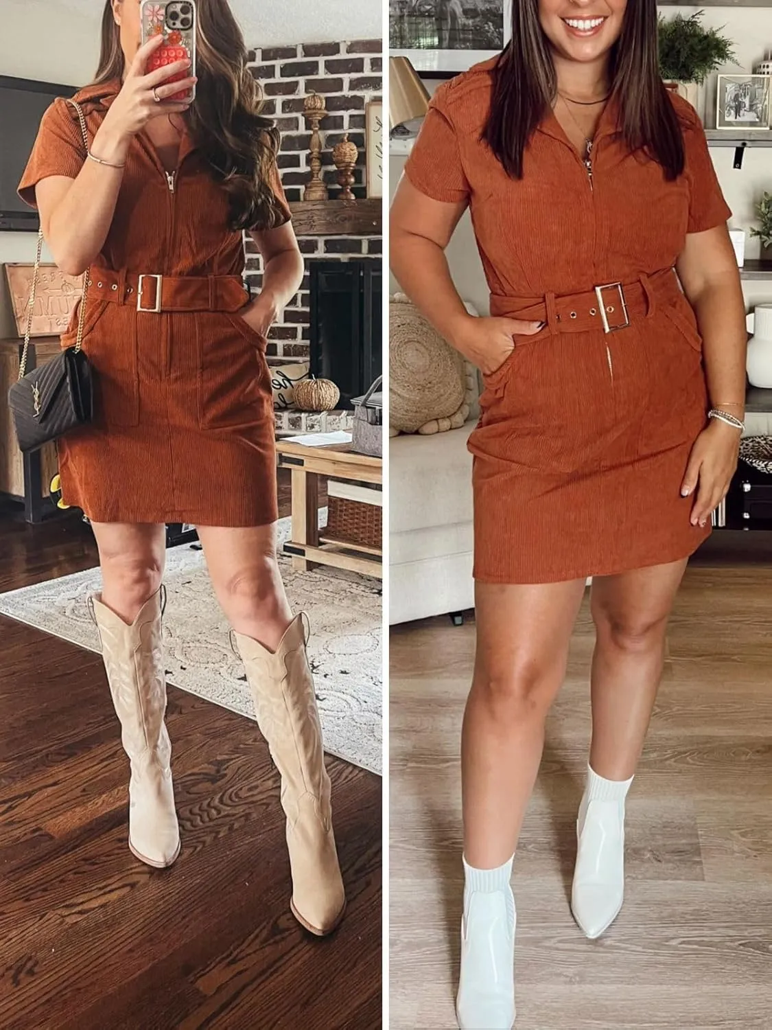 Women's Corduroy Mini Dress Short Sleeve Lapel Zip Up Belted Cowgirl Dresses with Pockets
