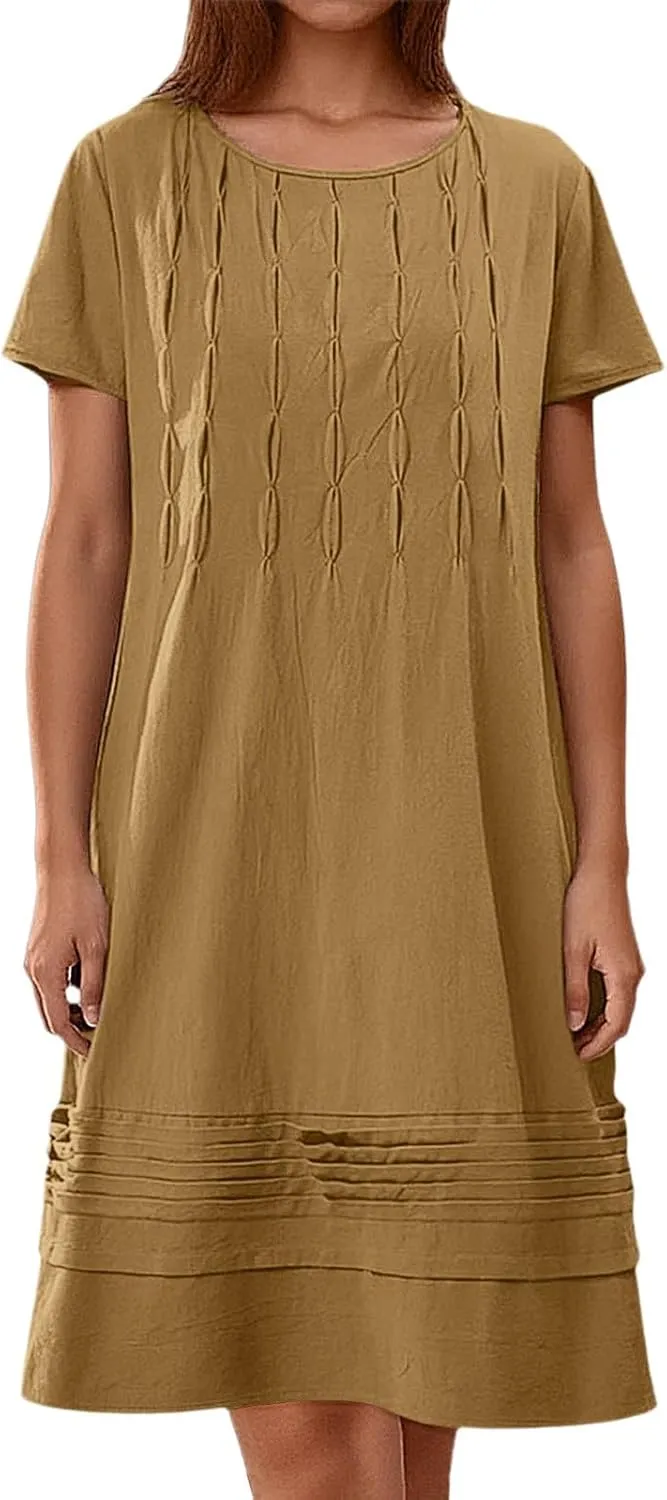 Women's Cotton Linen Midi Dress Vintage Cap Sleeve Pleated Summer Dresses Crew Neck Casual Sundress Vacation Outfits