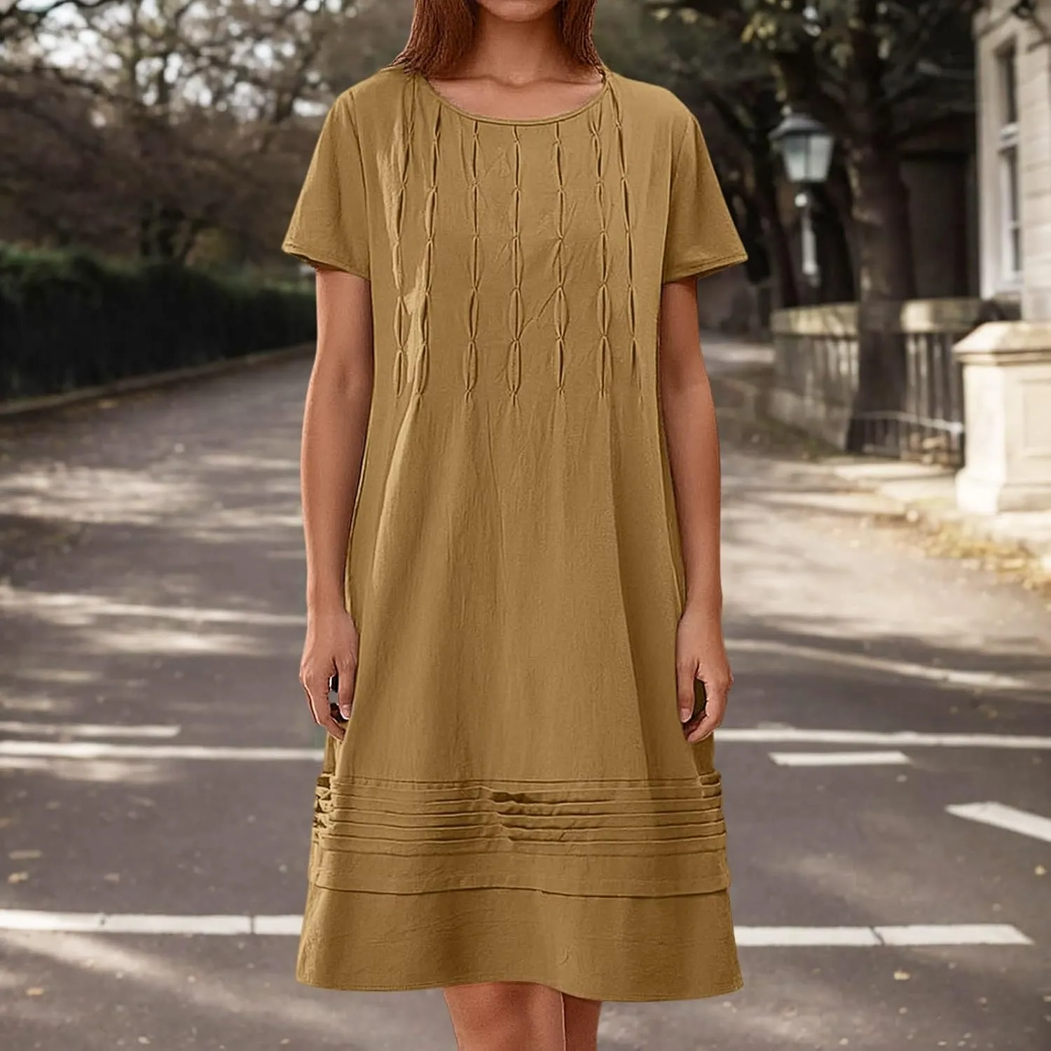Women's Cotton Linen Midi Dress Vintage Cap Sleeve Pleated Summer Dresses Crew Neck Casual Sundress Vacation Outfits