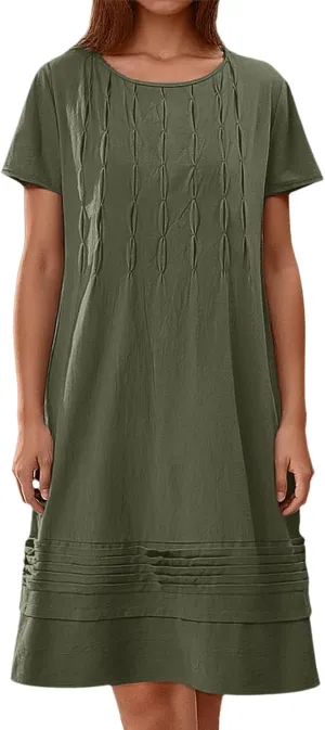 Women's Cotton Linen Midi Dress Vintage Cap Sleeve Pleated Summer Dresses Crew Neck Casual Sundress Vacation Outfits