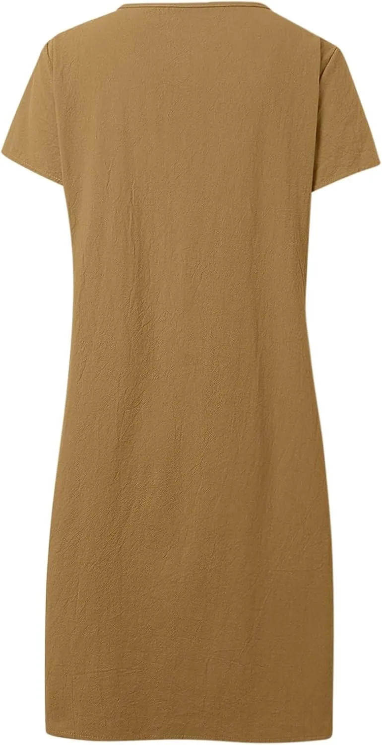 Women's Cotton Linen Midi Dress Vintage Cap Sleeve Pleated Summer Dresses Crew Neck Casual Sundress Vacation Outfits
