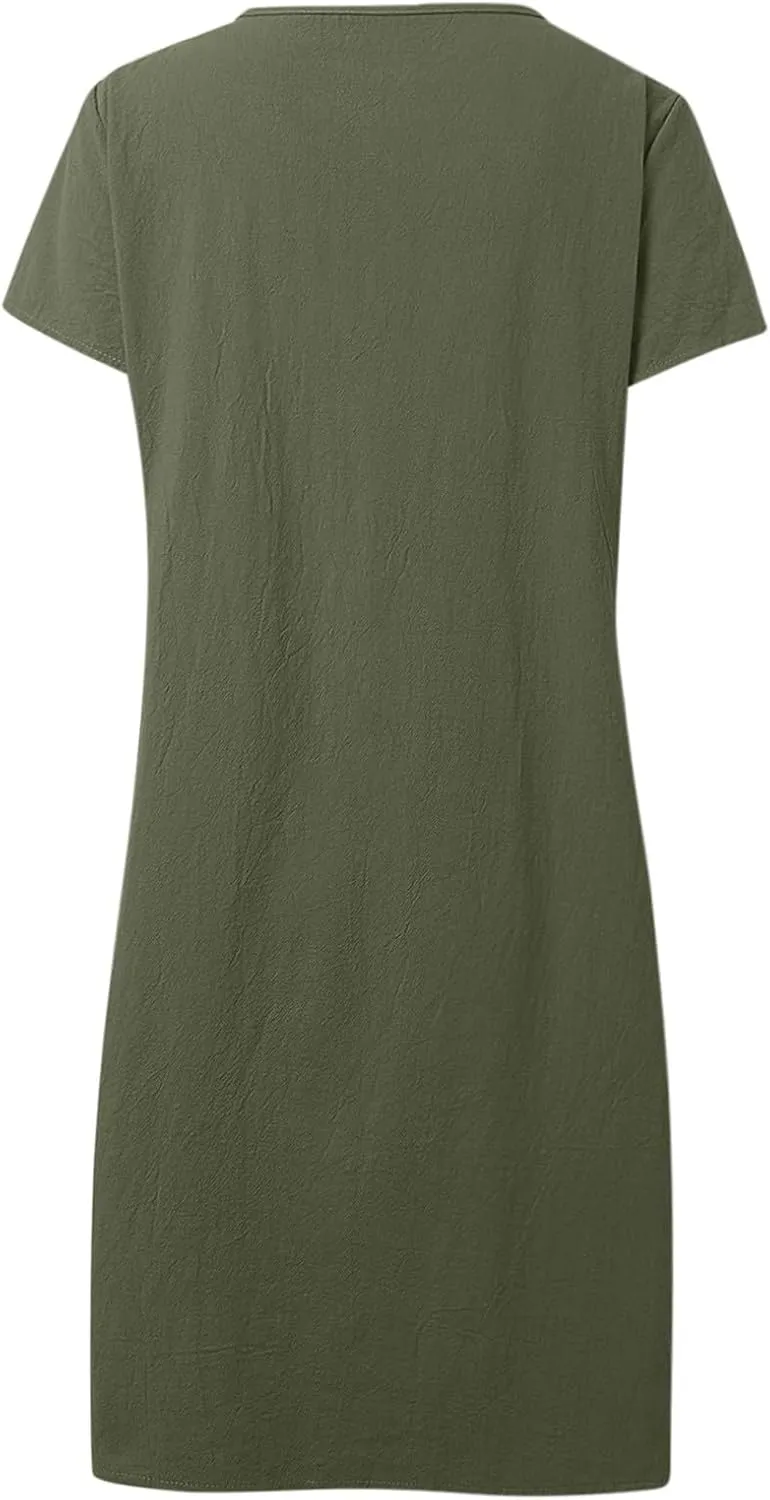 Women's Cotton Linen Midi Dress Vintage Cap Sleeve Pleated Summer Dresses Crew Neck Casual Sundress Vacation Outfits