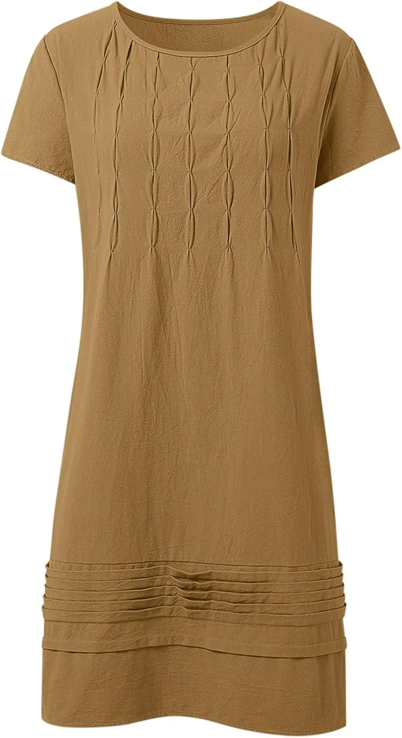 Women's Cotton Linen Midi Dress Vintage Cap Sleeve Pleated Summer Dresses Crew Neck Casual Sundress Vacation Outfits