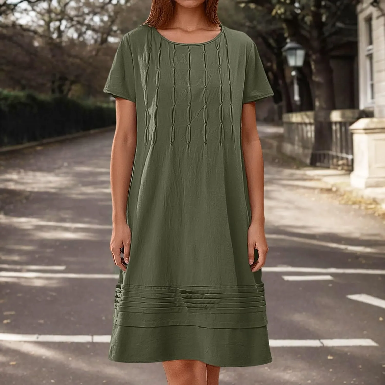 Women's Cotton Linen Midi Dress Vintage Cap Sleeve Pleated Summer Dresses Crew Neck Casual Sundress Vacation Outfits