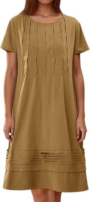 Women's Cotton Linen Midi Dress Vintage Cap Sleeve Pleated Summer Dresses Crew Neck Casual Sundress Vacation Outfits