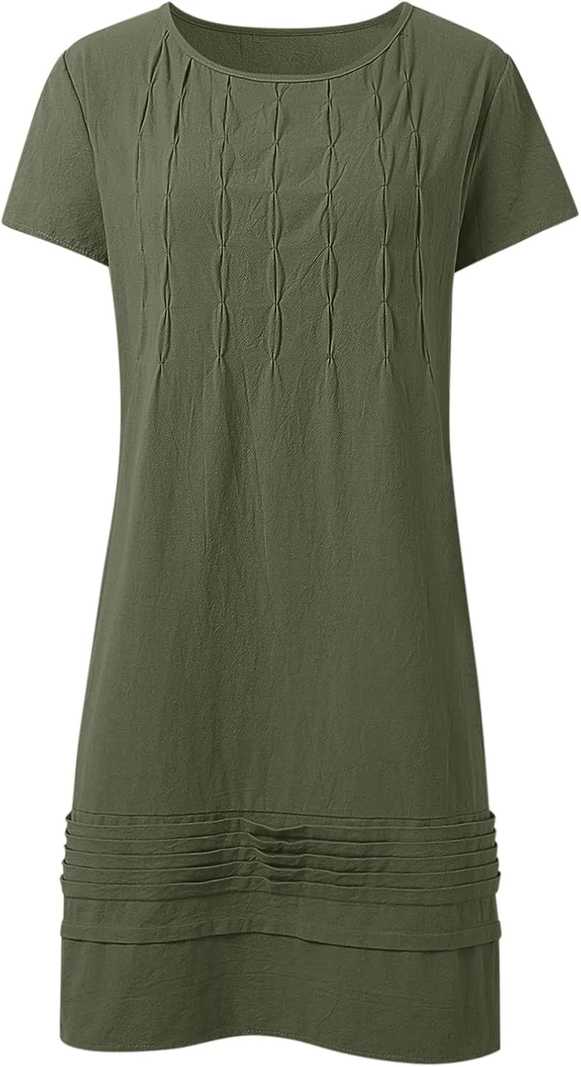 Women's Cotton Linen Midi Dress Vintage Cap Sleeve Pleated Summer Dresses Crew Neck Casual Sundress Vacation Outfits
