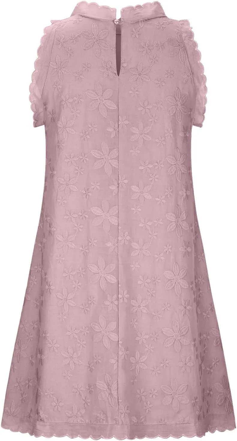 Women's Cotton Linen Tank Tops Dress Loose Fit Summer Mini Sundress Sleeveless Plus Size Stylish Lace Hem Tunic Dress
