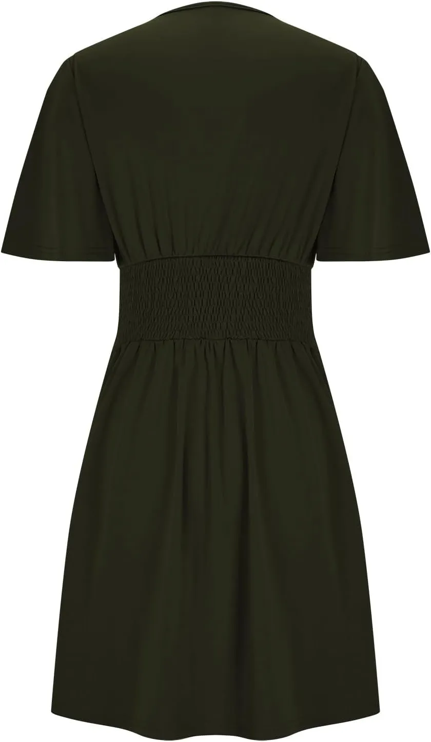 Women's Dress 2025 Summer Deep V Neck Elegant Ruffle Mini Dress Dresses Plain Wrap Ruched High Waist Flared A Line Dresses