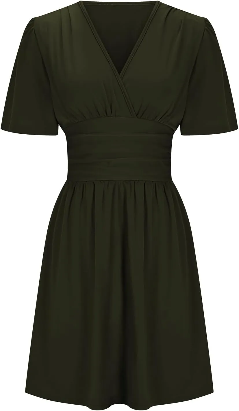 Women's Dress 2025 Summer Deep V Neck Elegant Ruffle Mini Dress Dresses Plain Wrap Ruched High Waist Flared A Line Dresses