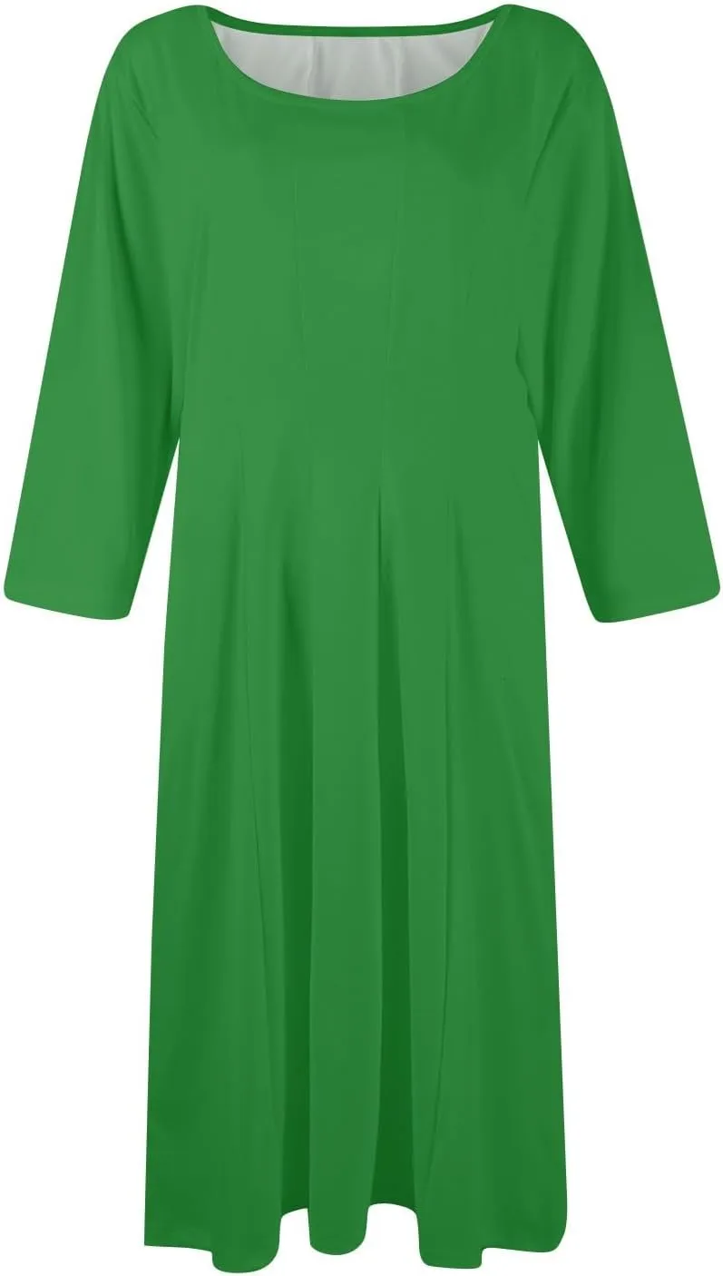 Womens Dress Shirts Spring Midi Empire Waist Dress 3/4 Sleeve Pleated Dress Crew Neck Dresses A Line Dress with Pocket