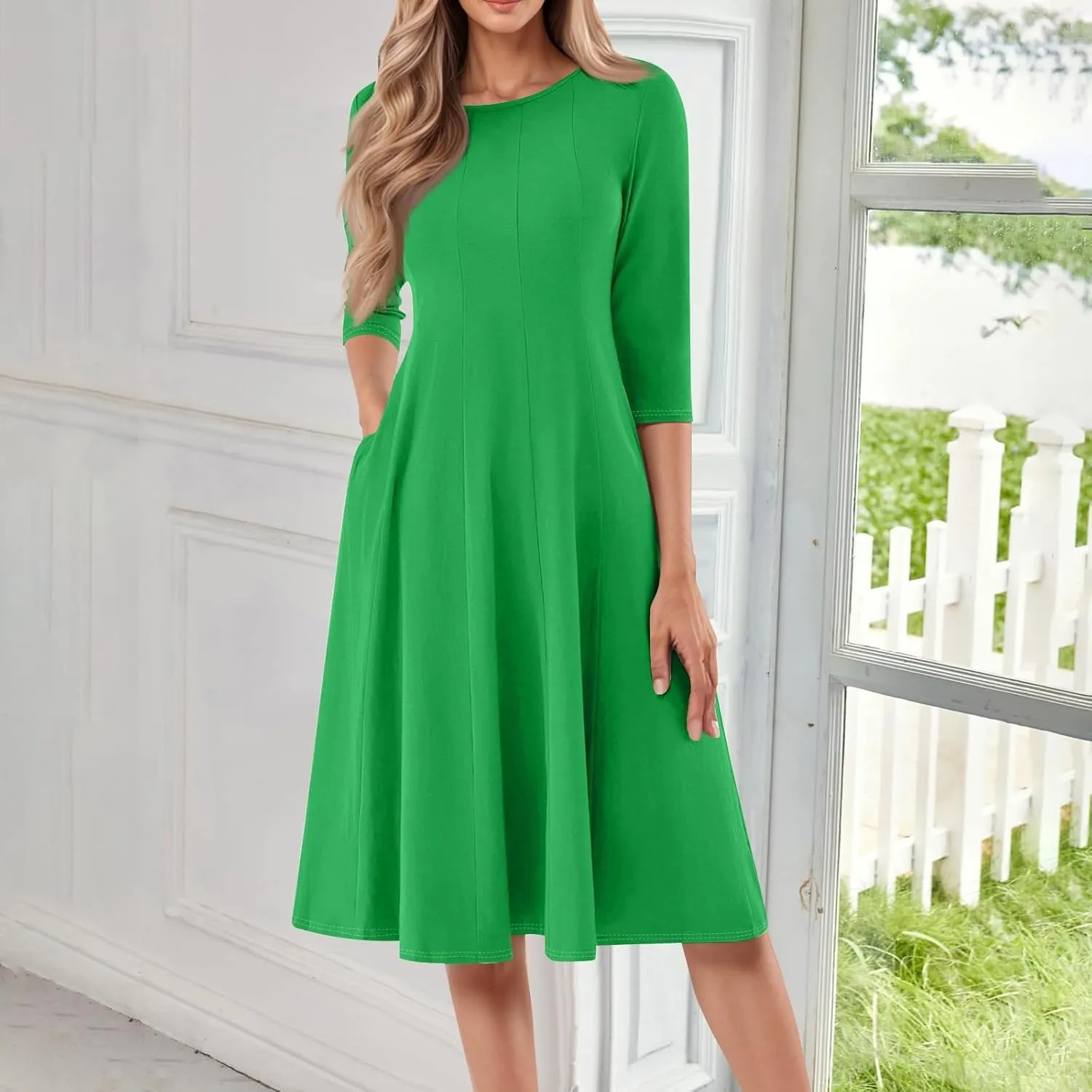 Womens Dress Shirts Spring Midi Empire Waist Dress 3/4 Sleeve Pleated Dress Crew Neck Dresses A Line Dress with Pocket