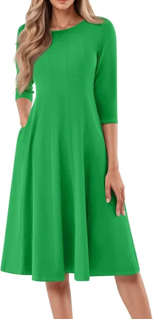 Womens Dress Shirts Spring Midi Empire Waist Dress 3/4 Sleeve Pleated Dress Crew Neck Dresses A Line Dress with Pocket