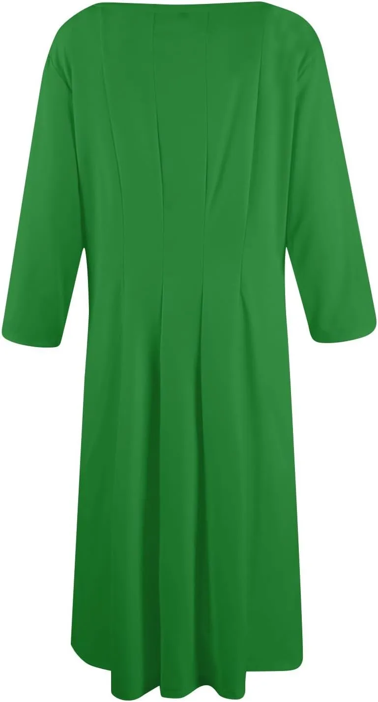Womens Dress Shirts Spring Midi Empire Waist Dress 3/4 Sleeve Pleated Dress Crew Neck Dresses A Line Dress with Pocket