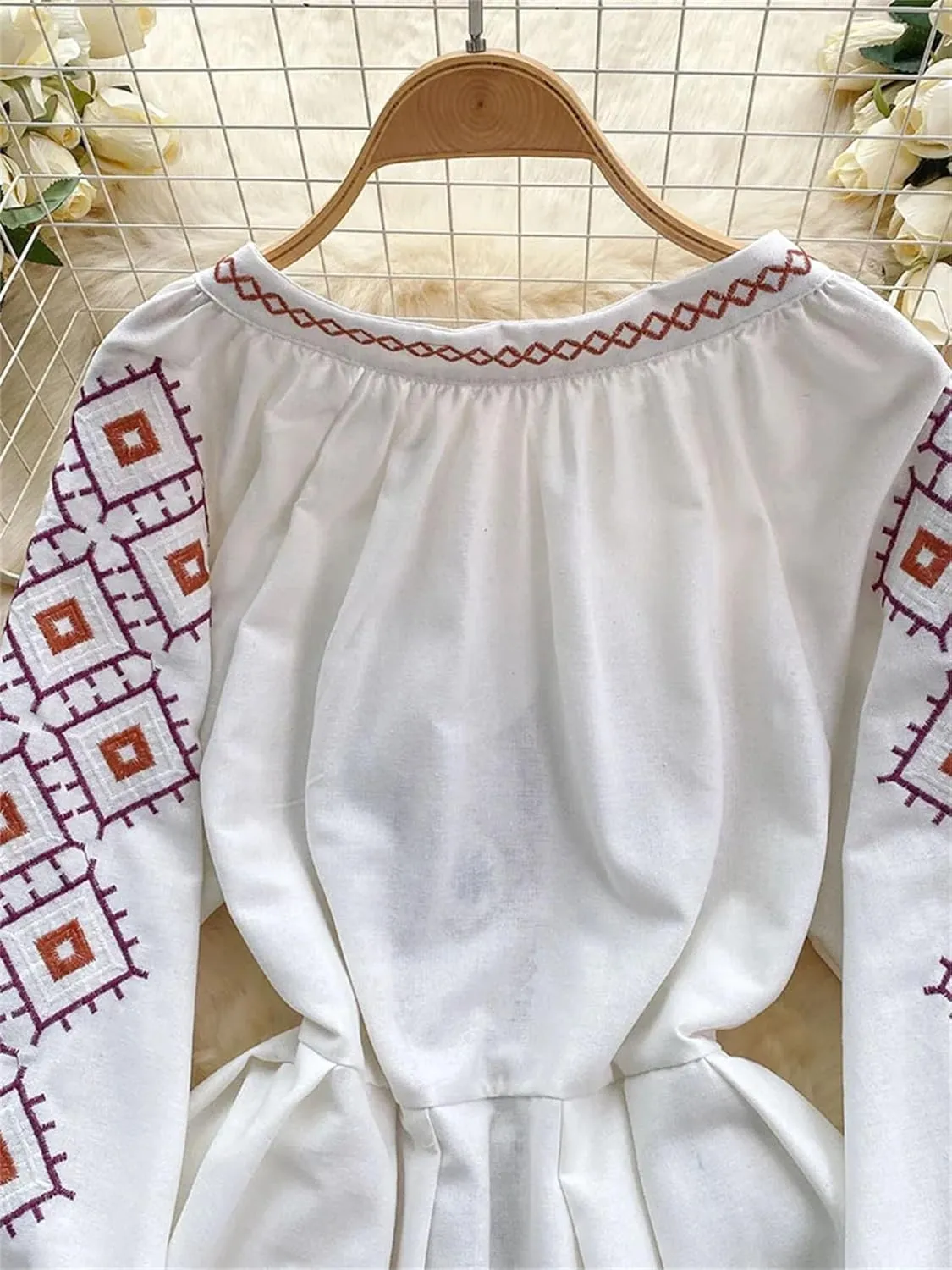 Women's Dresses for Women Spring Bohemian Dress Embroidered Lantern Sleeves Mini Dress