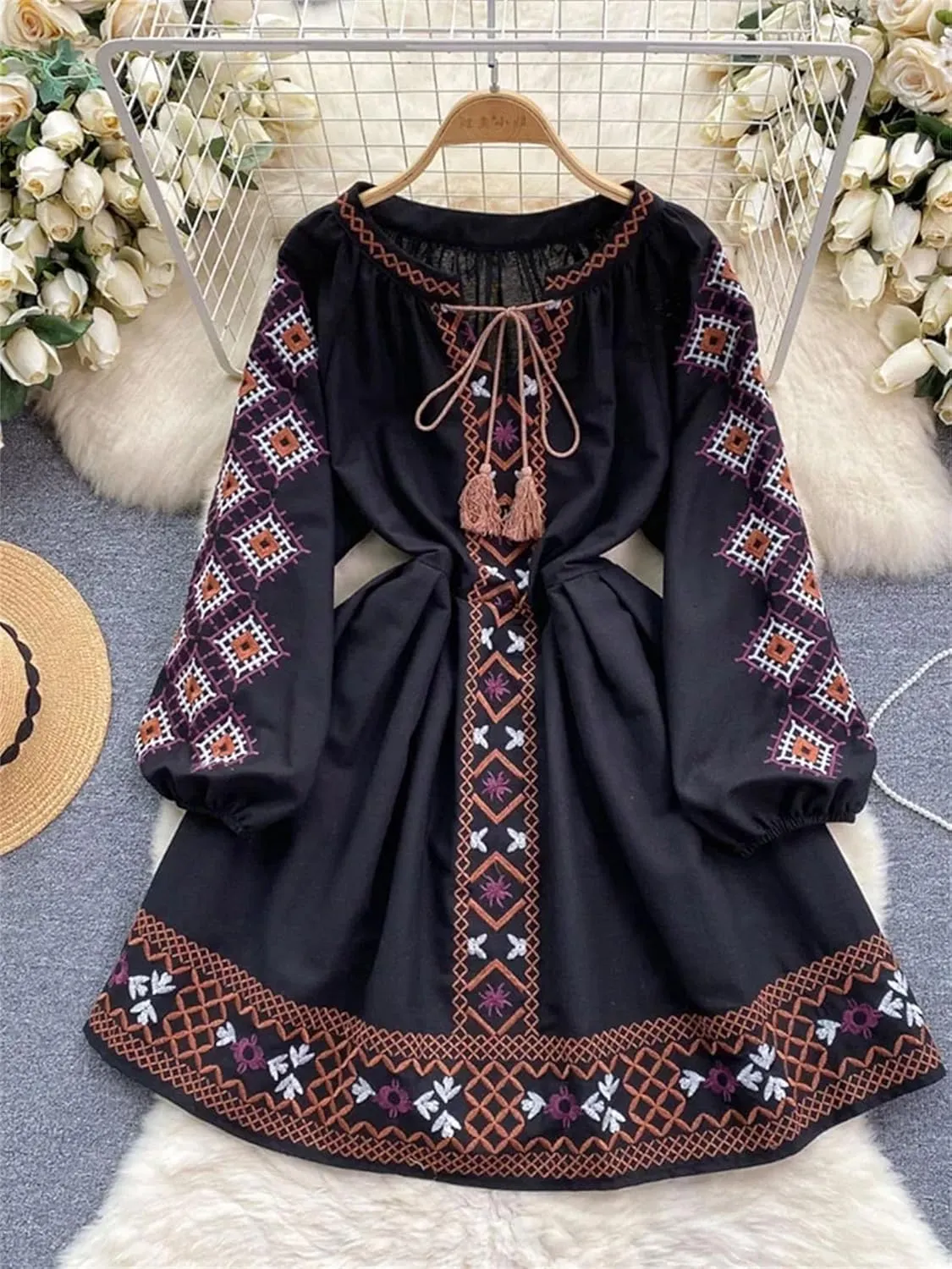 Women's Dresses for Women Spring Bohemian Dress Embroidered Lantern Sleeves Mini Dress