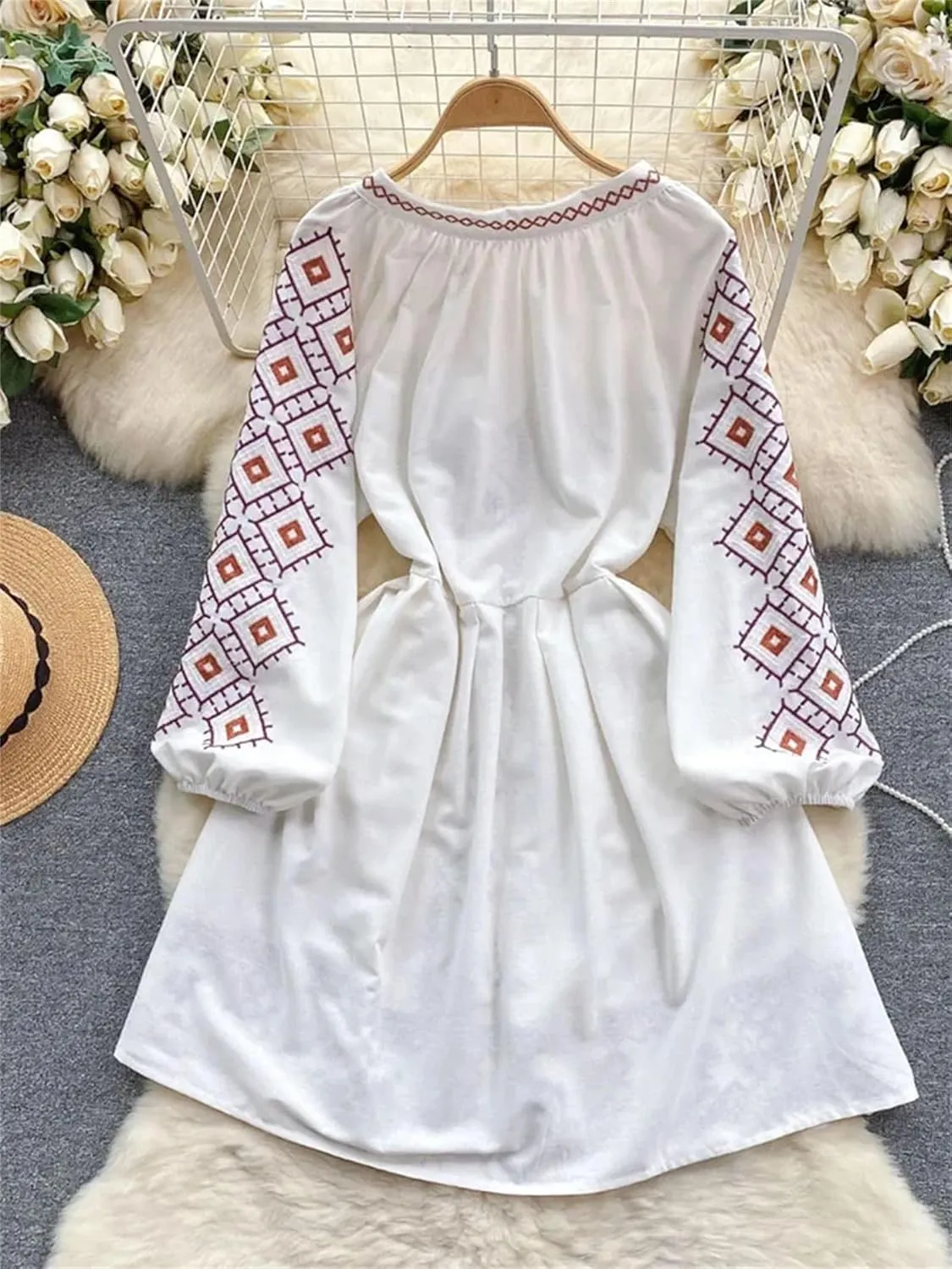 Women's Dresses for Women Spring Bohemian Dress Embroidered Lantern Sleeves Mini Dress