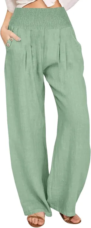 Womens Elastic High Waisted Palazzo Pants Casual Straight Wide Leg Long Beach Lounge Pant Trousers with Pocket