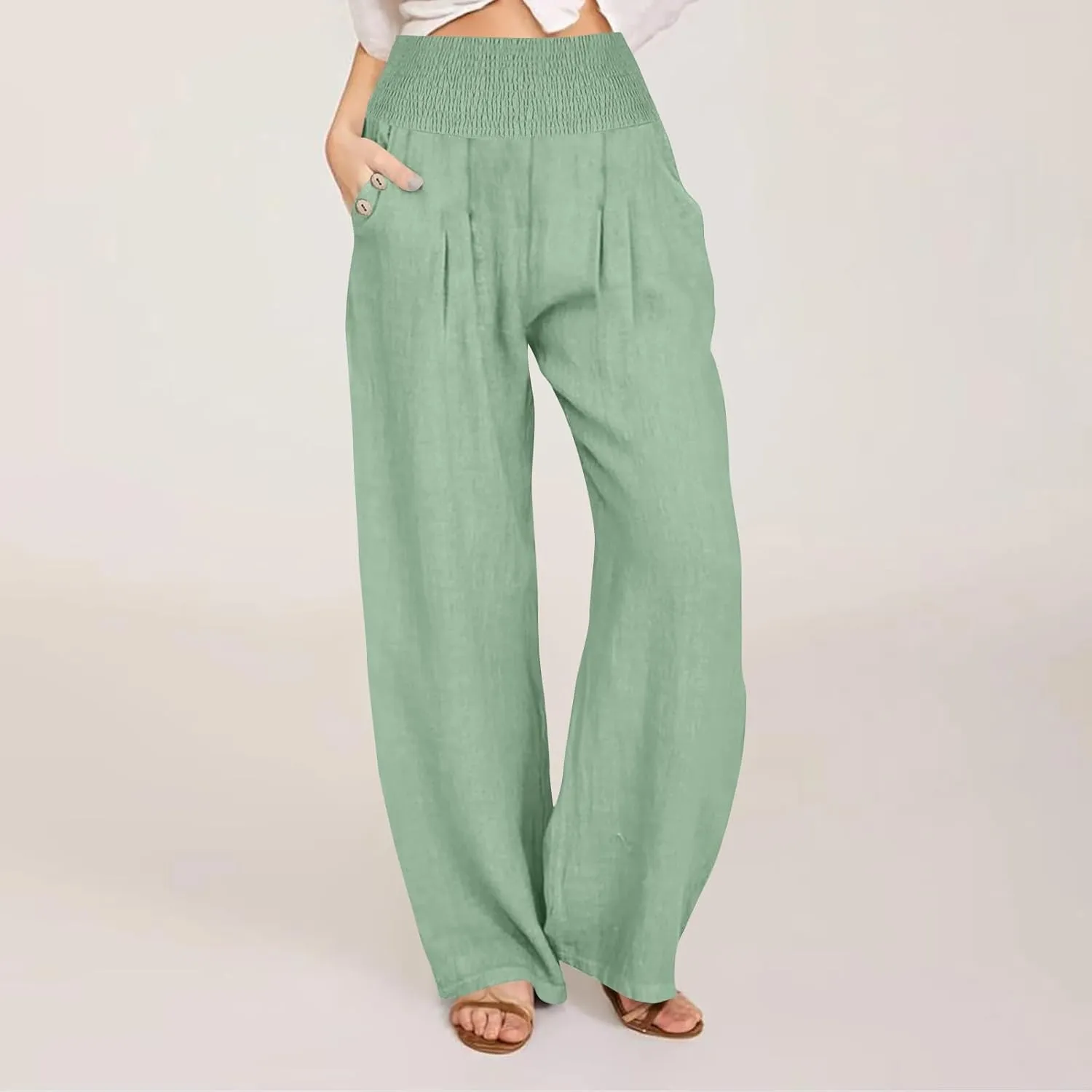 Womens Elastic High Waisted Palazzo Pants Casual Straight Wide Leg Long Beach Lounge Pant Trousers with Pocket
