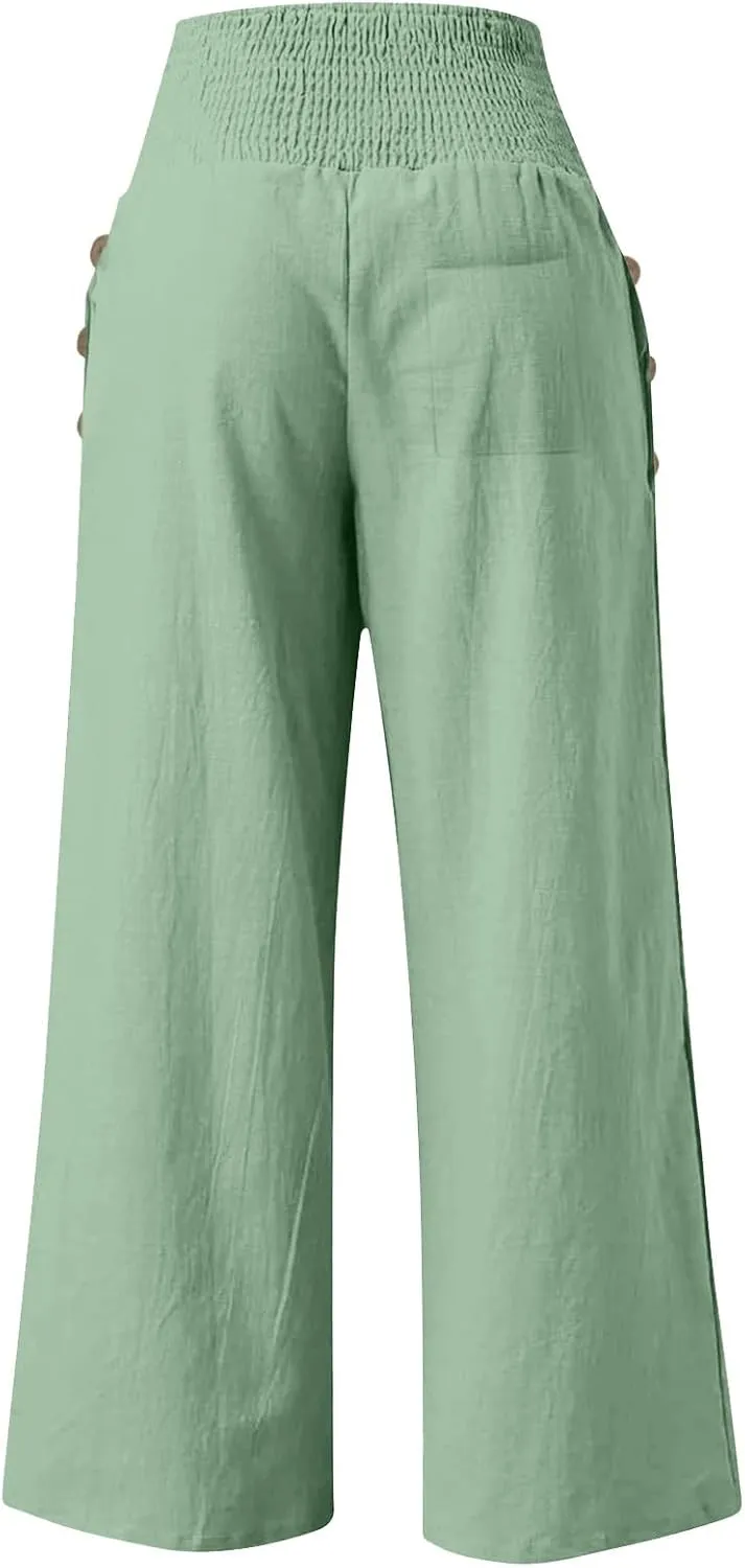 Womens Elastic High Waisted Palazzo Pants Casual Straight Wide Leg Long Beach Lounge Pant Trousers with Pocket