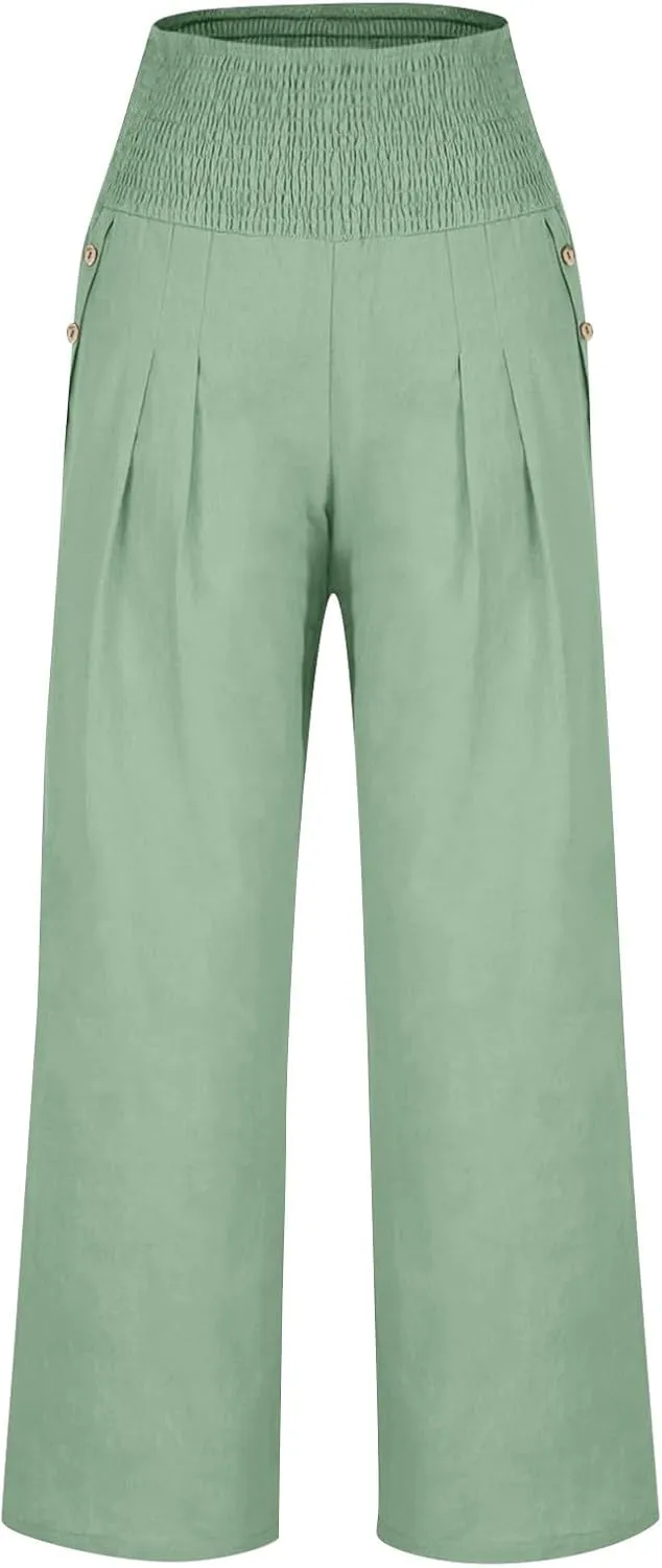 Womens Elastic High Waisted Palazzo Pants Casual Straight Wide Leg Long Beach Lounge Pant Trousers with Pocket