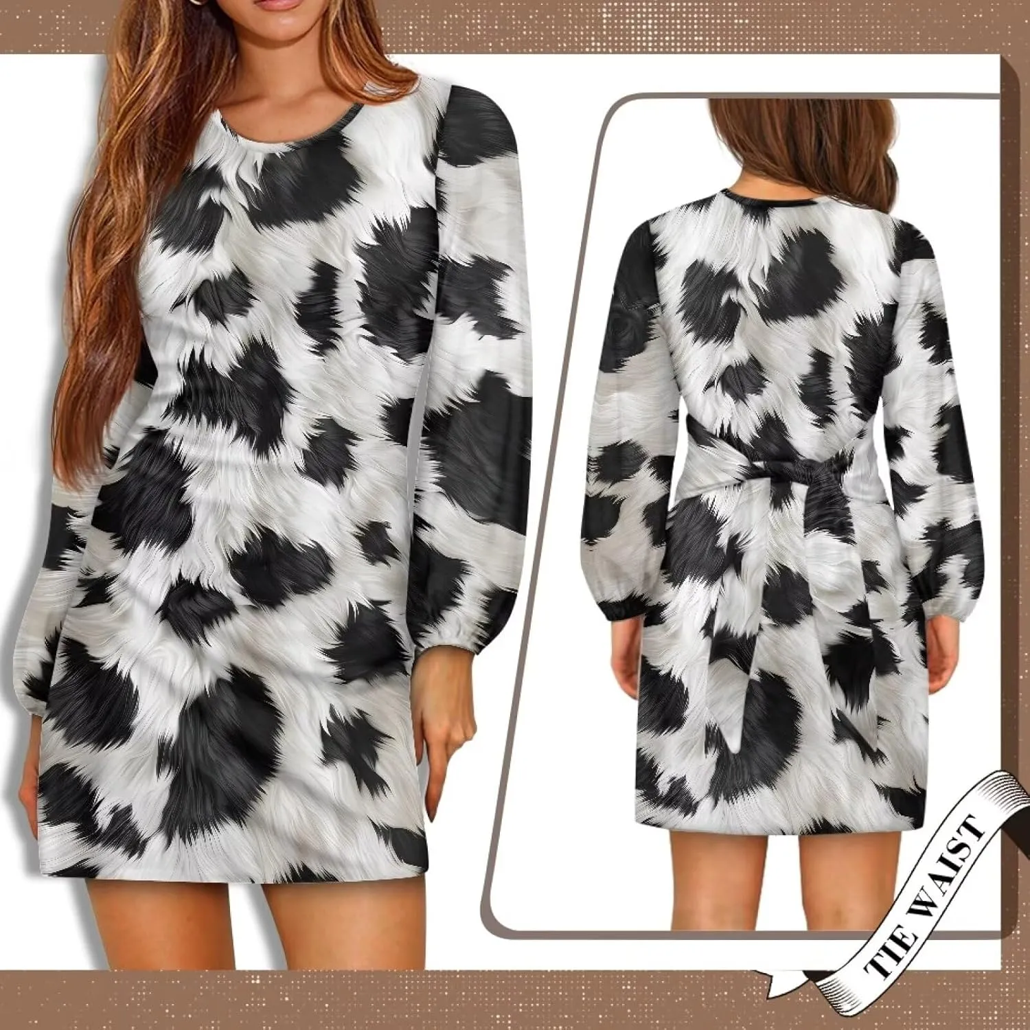 Women's Elegant Long Sleeve Dress Summer Mini Dresses Crewneck Tie Waist A Line Casual Stylish Outfits